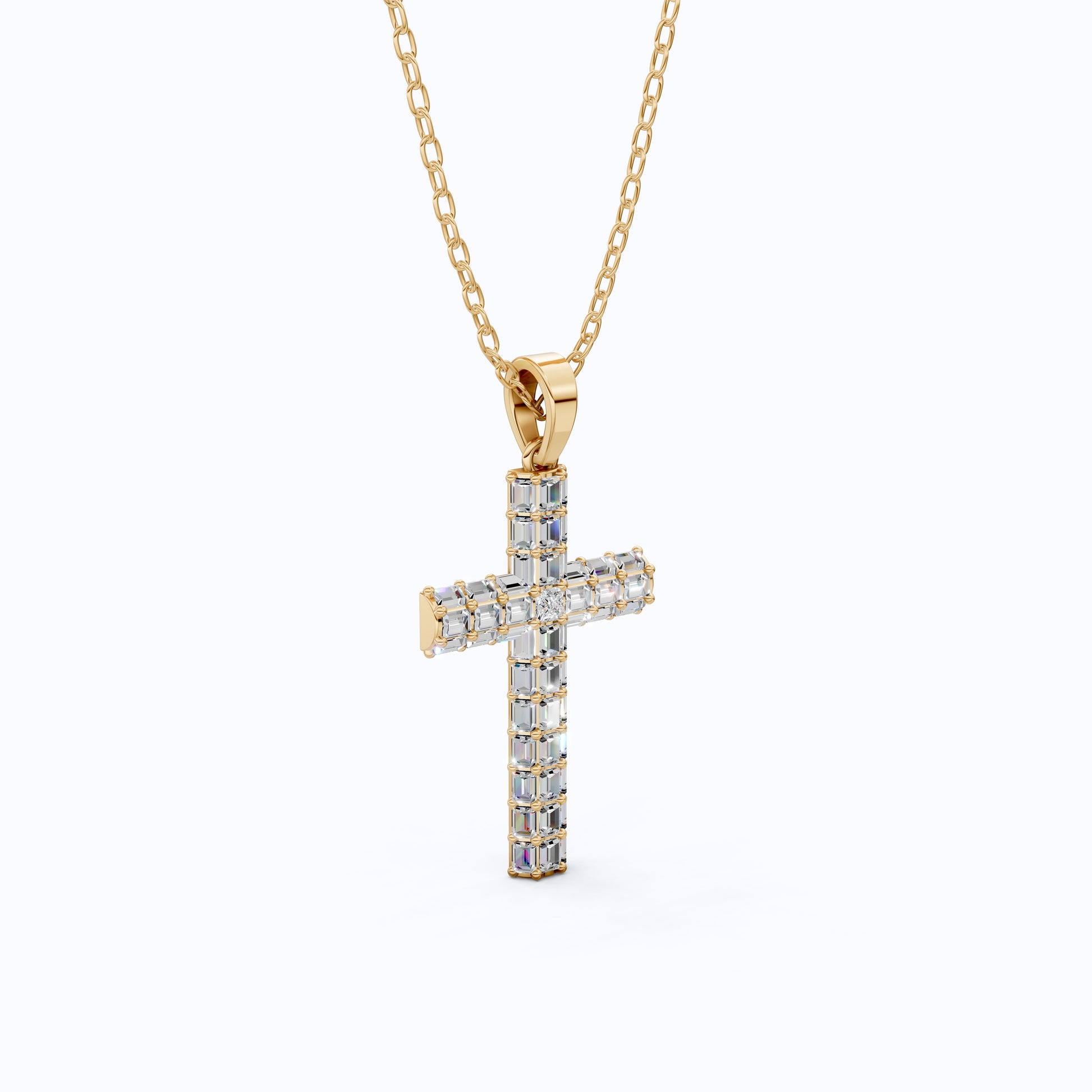 Geometric Baguette Cross Pendant in 14K Solid Gold, 1.98 TCW Baguette/Princess Cut Lab Created Diamonds, Statement Bridal Jewelry, Wedding Gift