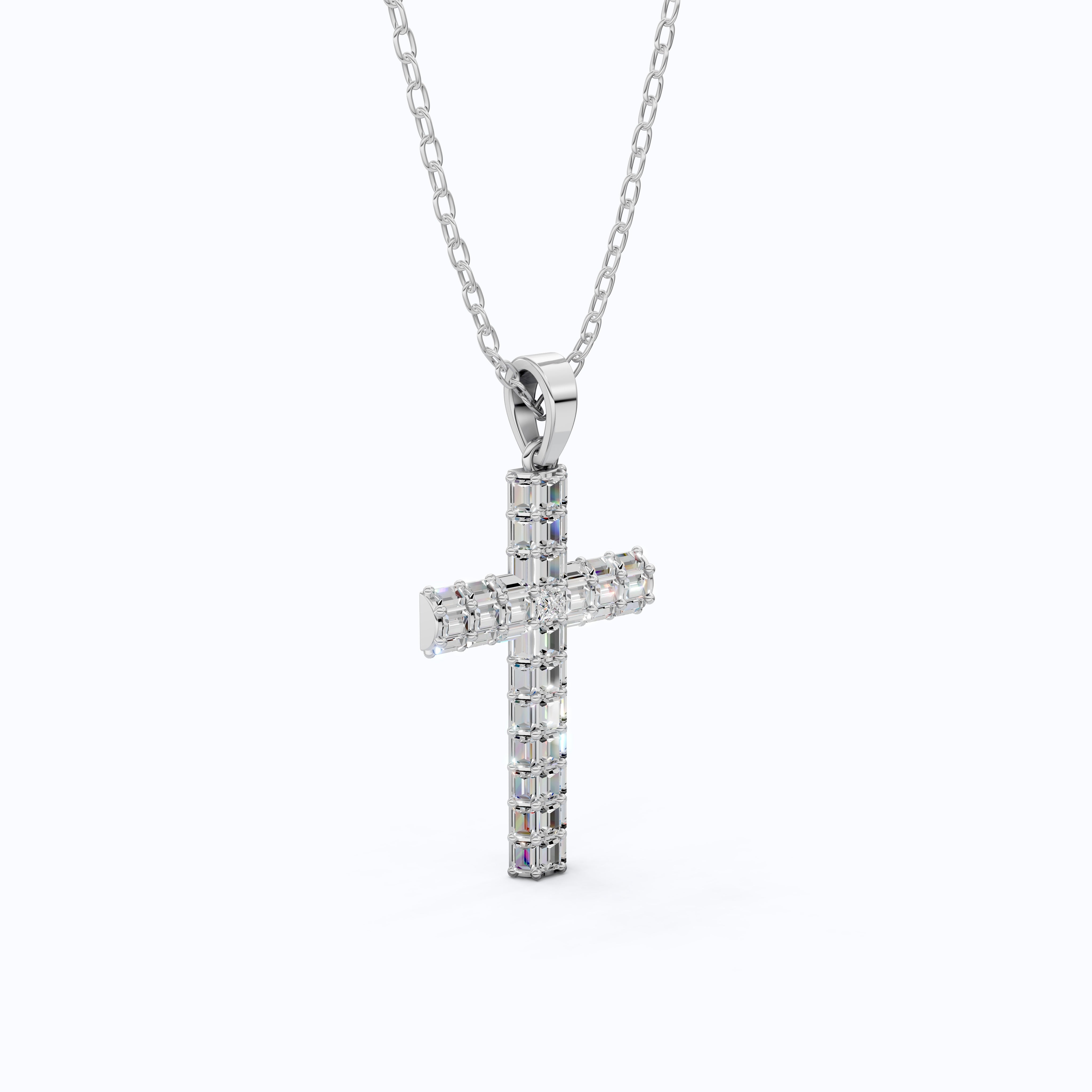 Geometric Baguette Cross Pendant in 14K Solid Gold, 1.98 TCW Baguette/Princess Cut Lab Created Diamonds, Statement Bridal Jewelry, Wedding Gift