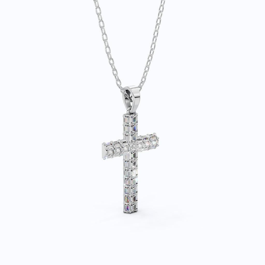 Geometric Baguette Cross Pendant in 14K Solid Gold, 1.98 TCW Baguette/Princess Cut Lab Created Diamonds, Statement Bridal Jewelry, Wedding Gift