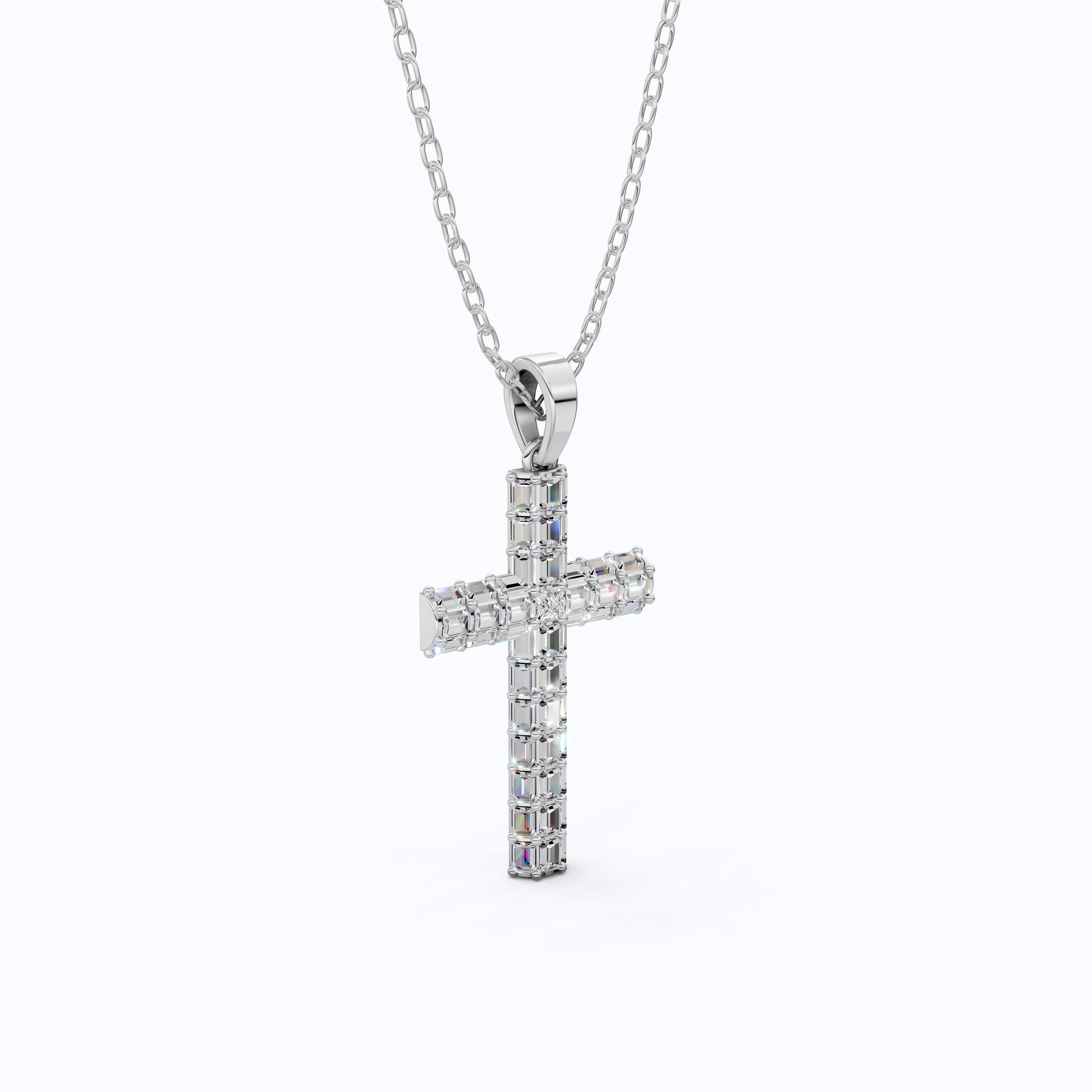 Geometric Baguette Cross Pendant in 14K Solid Gold, 1.98 TCW Baguette/Princess Cut Lab Created Diamonds, Statement Bridal Jewelry, Wedding Gift