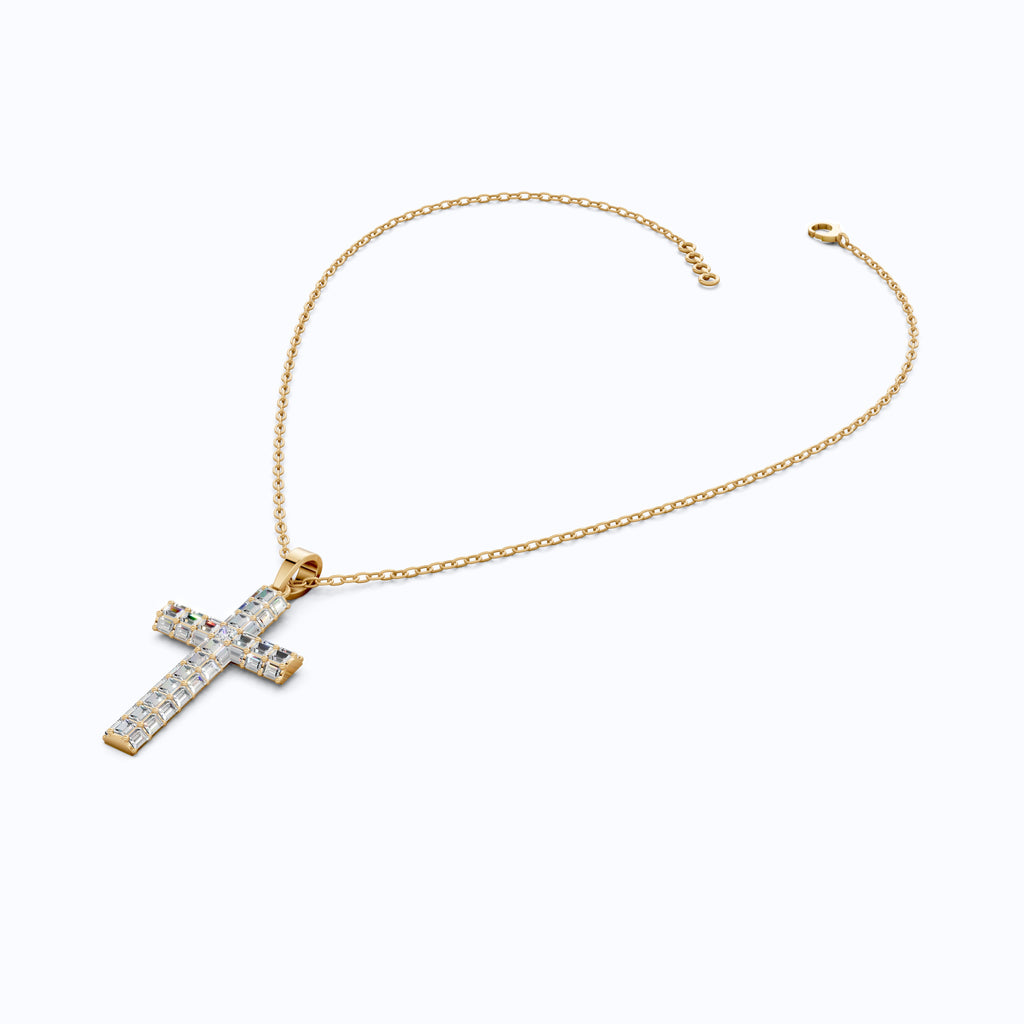 Geometric Baguette Cross Pendant in 14K Solid Gold, 1.98 TCW Baguette/Princess Cut Lab Created Diamonds, Statement Bridal Jewelry, Wedding Gift