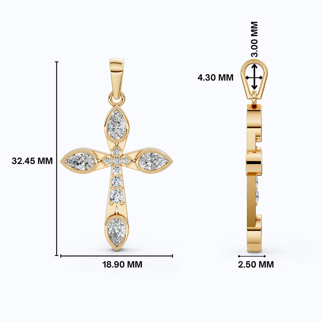 Modern Cluster Cross Pendant in 14k Solid Gold, 0.77 TCW Pear/Round Cut Lab Diamonds, Anniversary Gift,