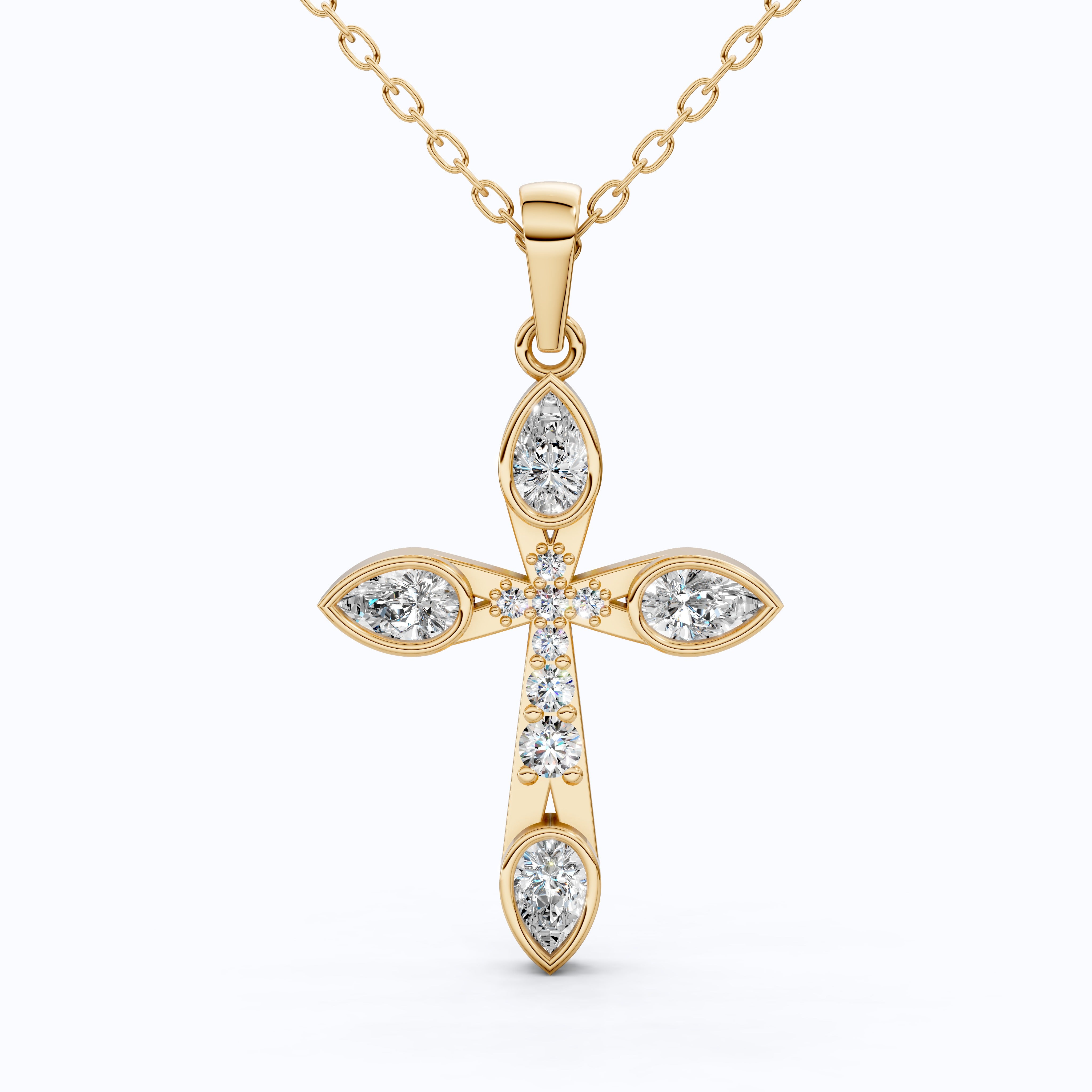 Modern Cluster Cross Pendant in 14k Solid Gold, 0.77 TCW Pear/Round Cut Lab Diamonds, Anniversary Gift,