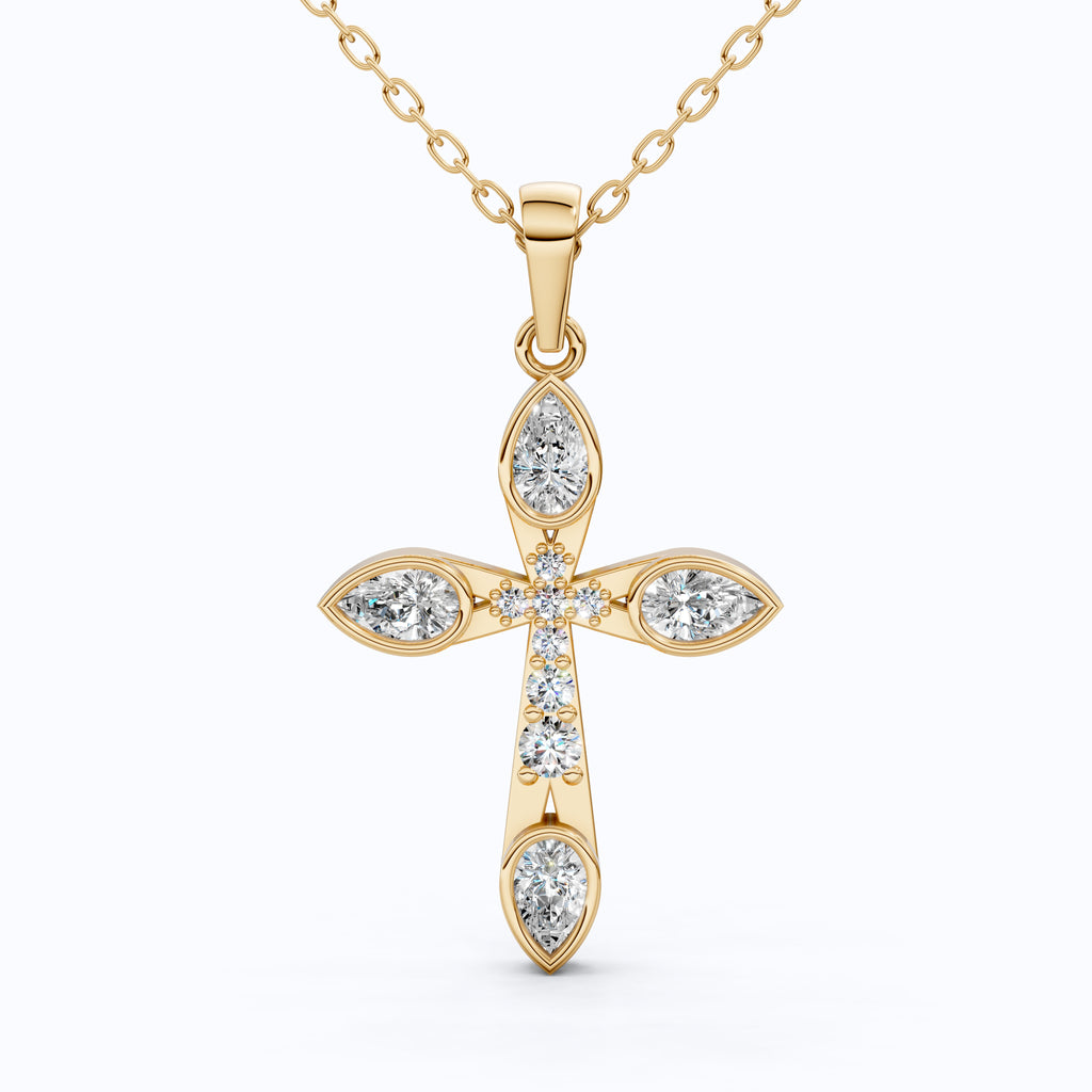 Modern Cluster Cross Pendant in 14k Solid Gold, 0.77 TCW Pear/Round Cut Lab Diamonds, Anniversary Gift,
