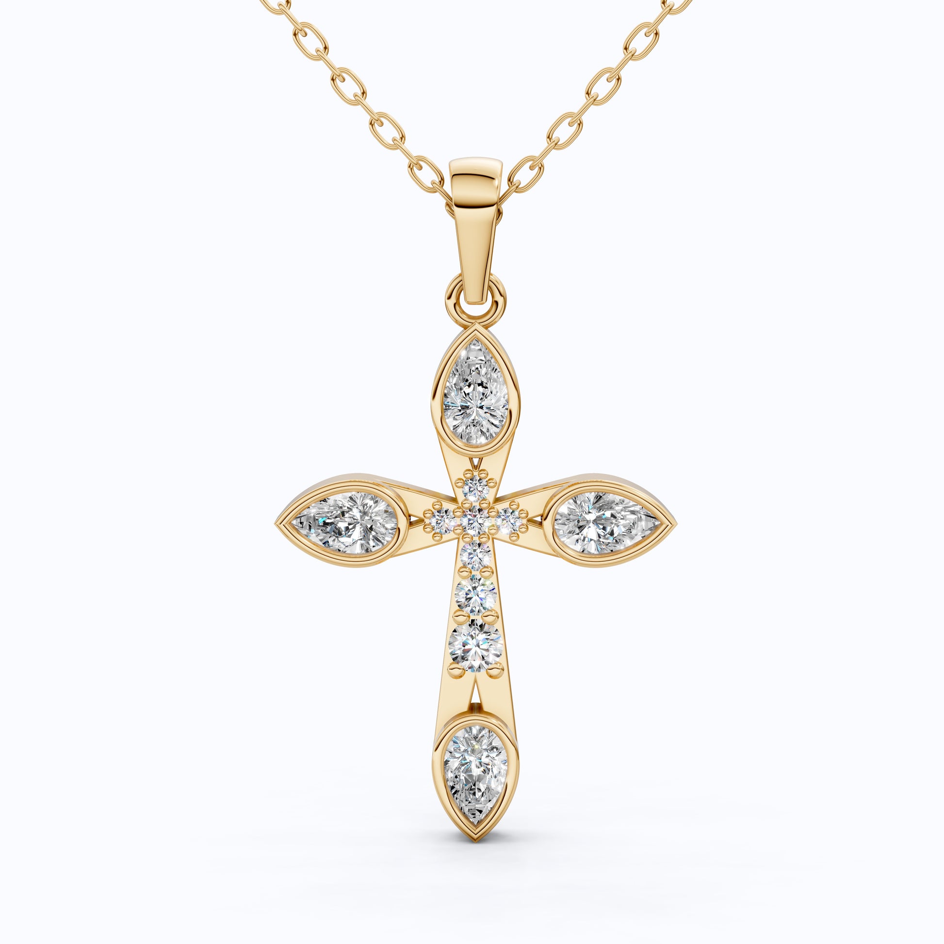 Modern Cluster Cross Pendant in 14k Solid Gold, 0.77 TCW Pear/Round Cut Lab Diamonds, Anniversary Gift,