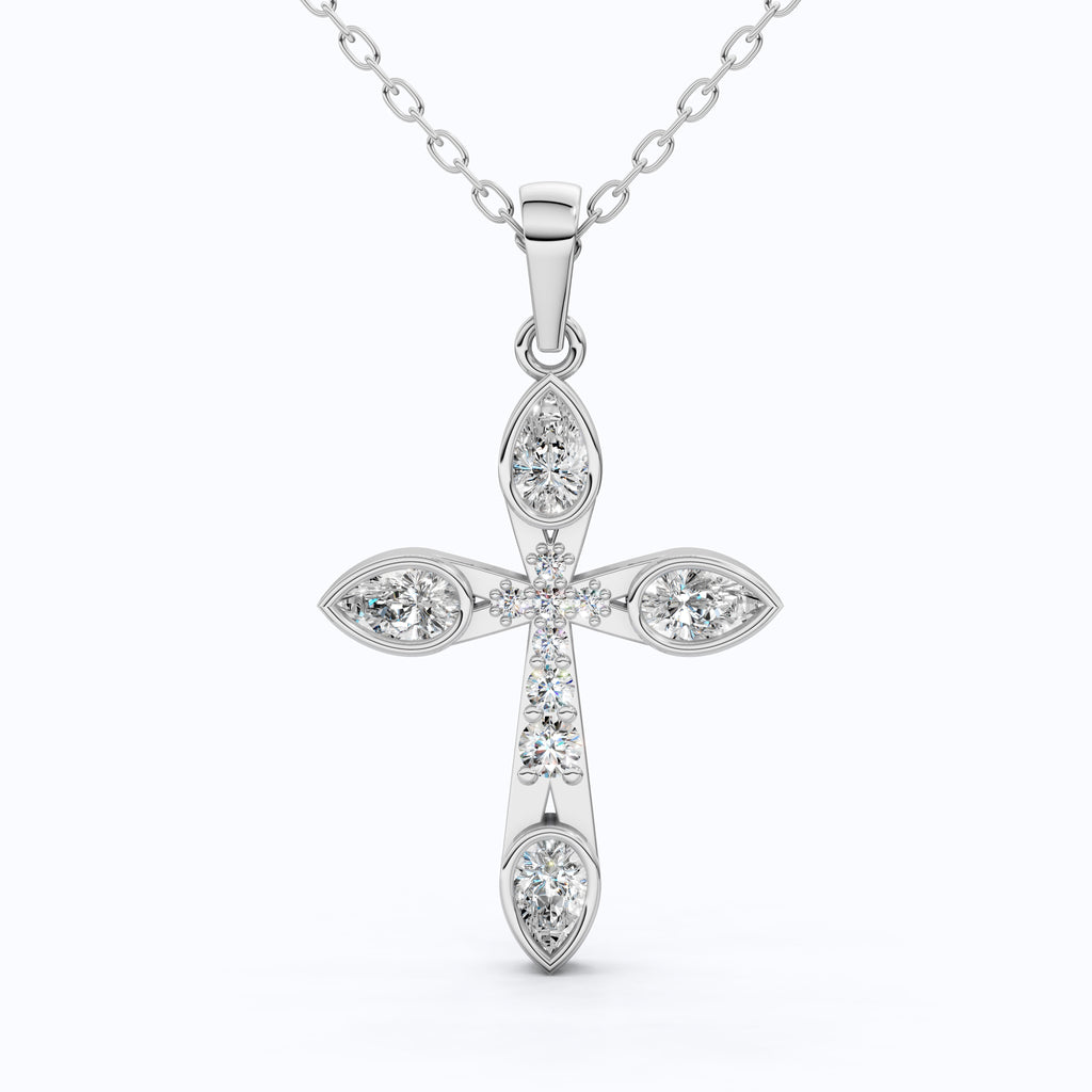 Modern Cluster Cross Pendant in 14k Solid Gold, 0.77 TCW Pear/Round Cut Lab Diamonds, Anniversary Gift,