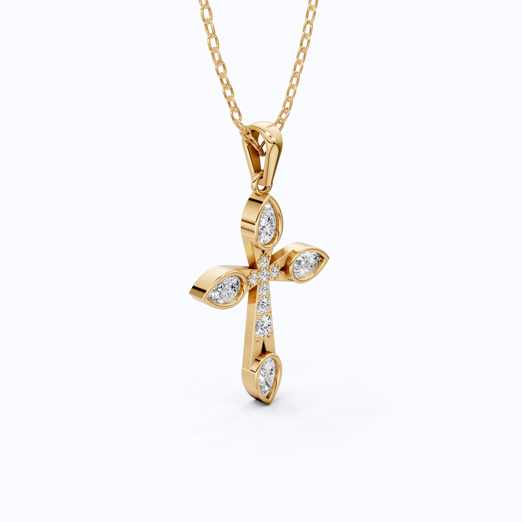 Modern Cluster Cross Pendant in 14k Solid Gold, 0.77 TCW Pear/Round Cut Lab Diamonds, Anniversary Gift,