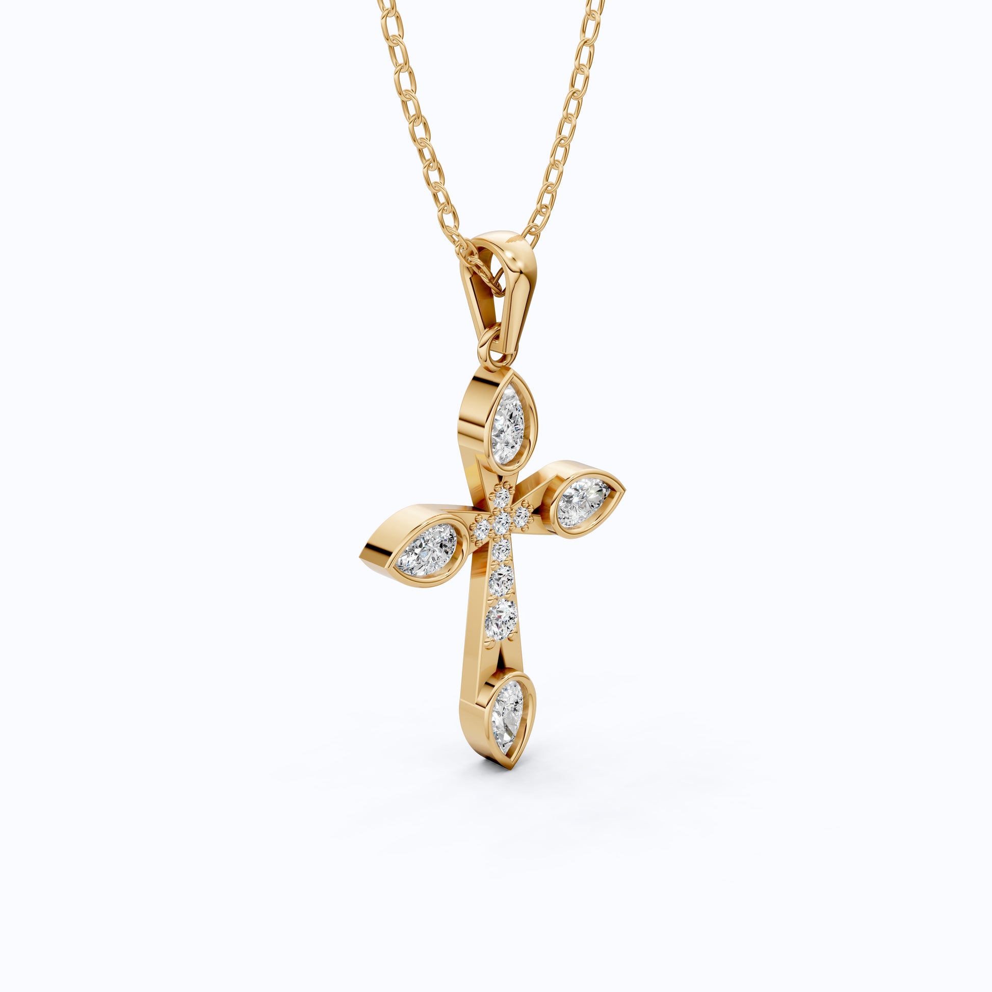 Modern Cluster Cross Pendant in 14k Solid Gold, 0.77 TCW Pear/Round Cut Lab Diamonds, Anniversary Gift,