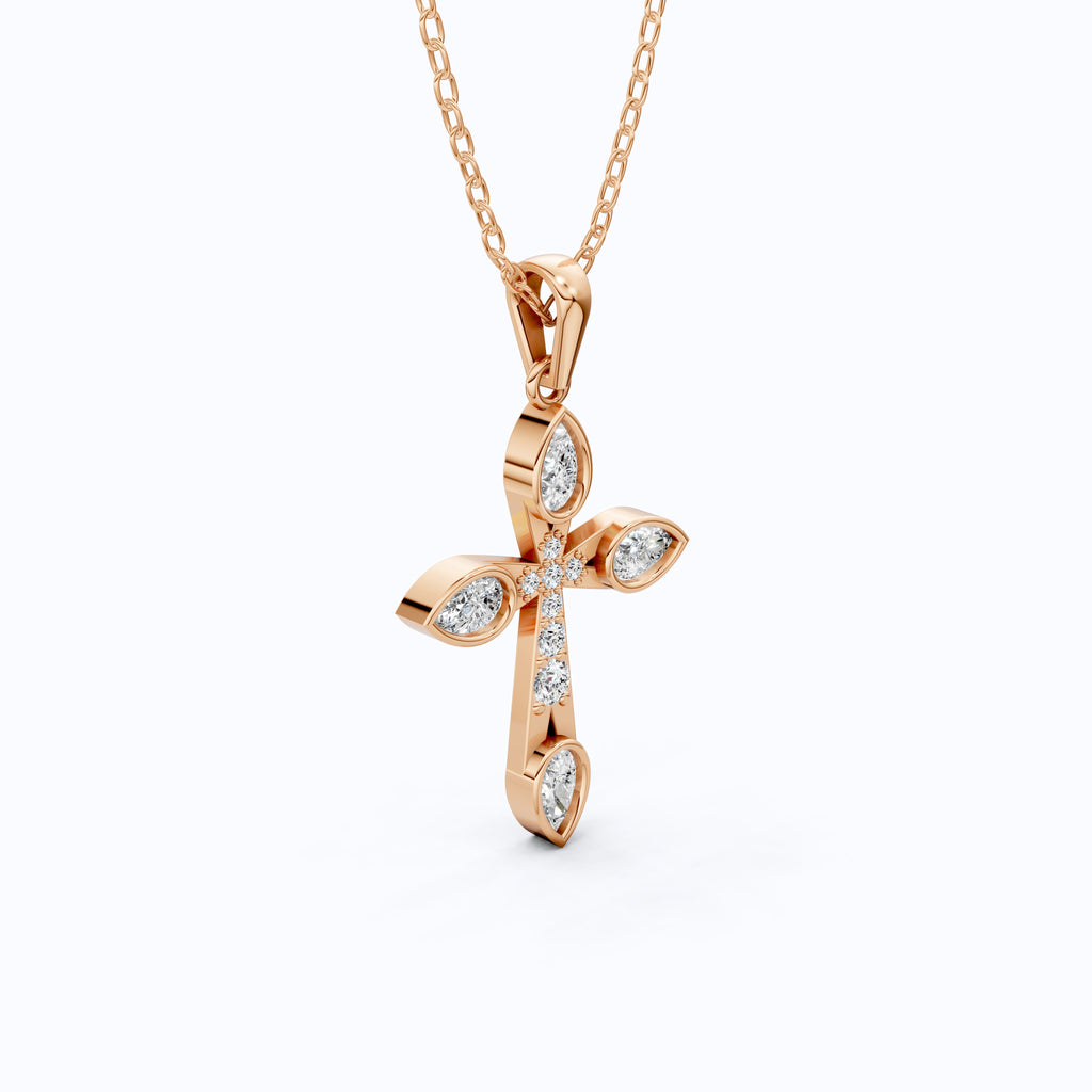 Modern Cluster Cross Pendant in 14k Solid Gold, 0.77 TCW Pear/Round Cut Lab Diamonds, Anniversary Gift,