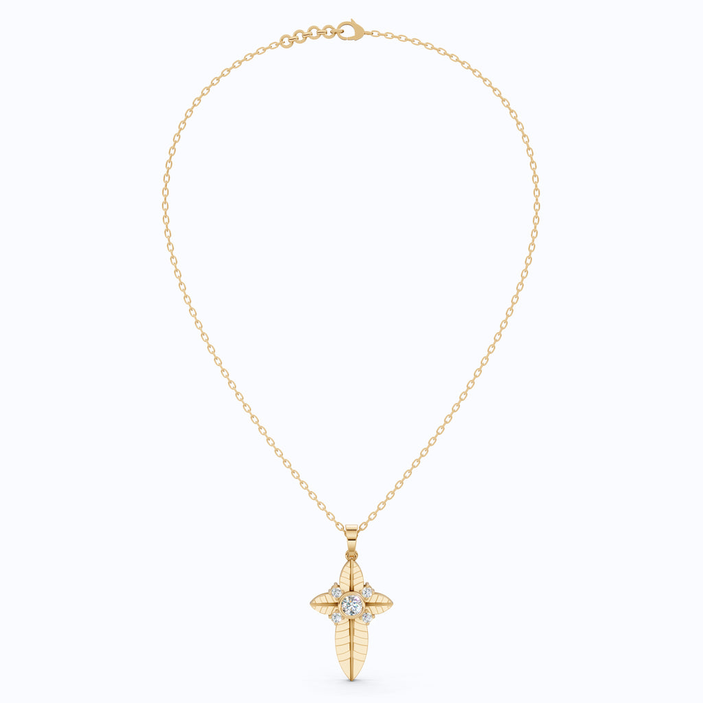 Elegant Botanical Cross Pendant in 14k Solid Gold, 0.39 TCW Round Cut lab Diamonds, Gift for Her, Bridal Jewelry