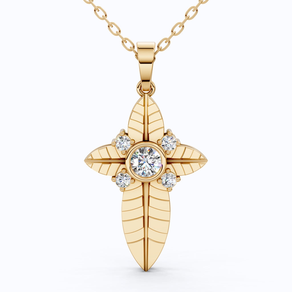 Elegant Botanical Cross Pendant in 14k Solid Gold, 0.39 TCW Round Cut lab Diamonds, Gift for Her, Bridal Jewelry