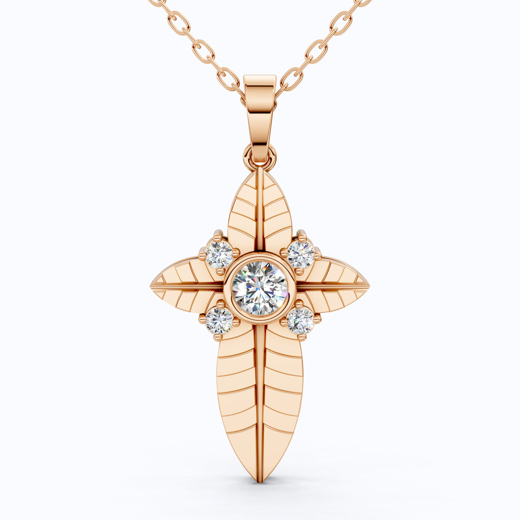 Elegant Botanical Cross Pendant in 14k Solid Gold, 0.39 TCW Round Cut lab Diamonds, Gift for Her, Bridal Jewelry