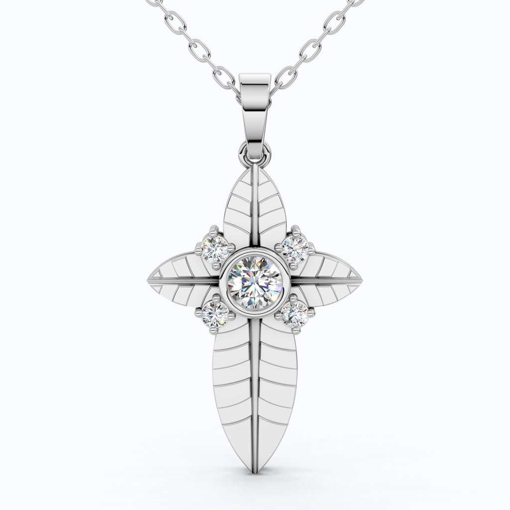 Elegant Botanical Cross Pendant in 14k Solid Gold, 0.39 TCW Round Cut lab Diamonds, Gift for Her, Bridal Jewelry