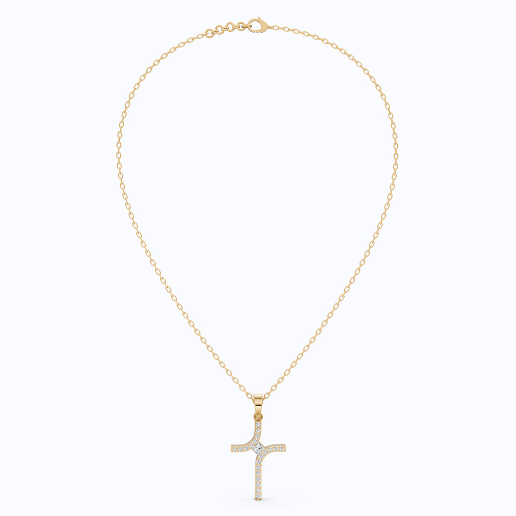 Artisan Angled Cross Pendant in 14K Solid Gold, 0.30 TCW Princess/Round Cut Lab Created Daimonds, Bridal Jewelry, Everyday Gift