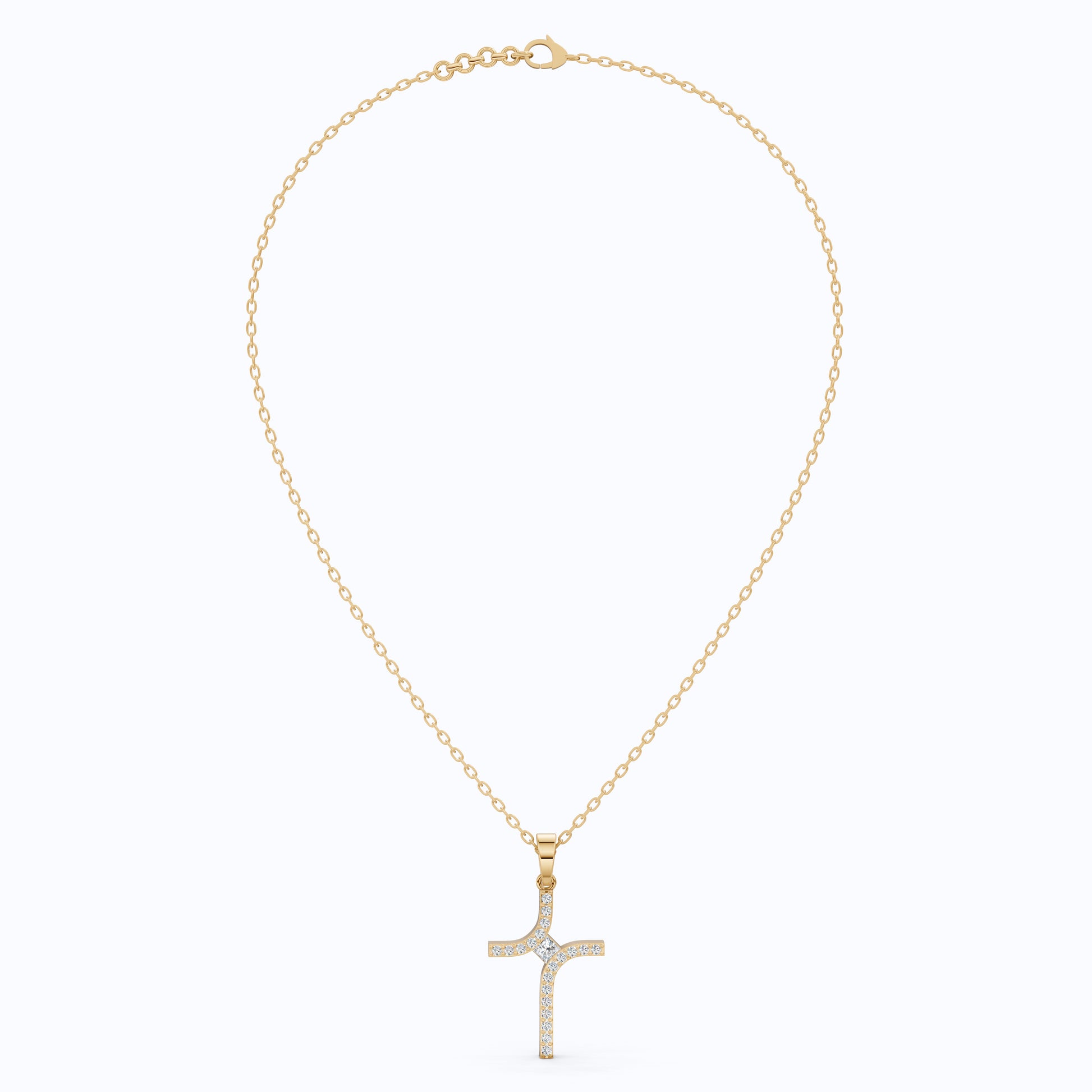 Artisan Angled Cross Pendant in 14K Solid Gold, 0.30 TCW Princess/Round Cut Lab Created Daimonds, Bridal Jewelry, Everyday Gift