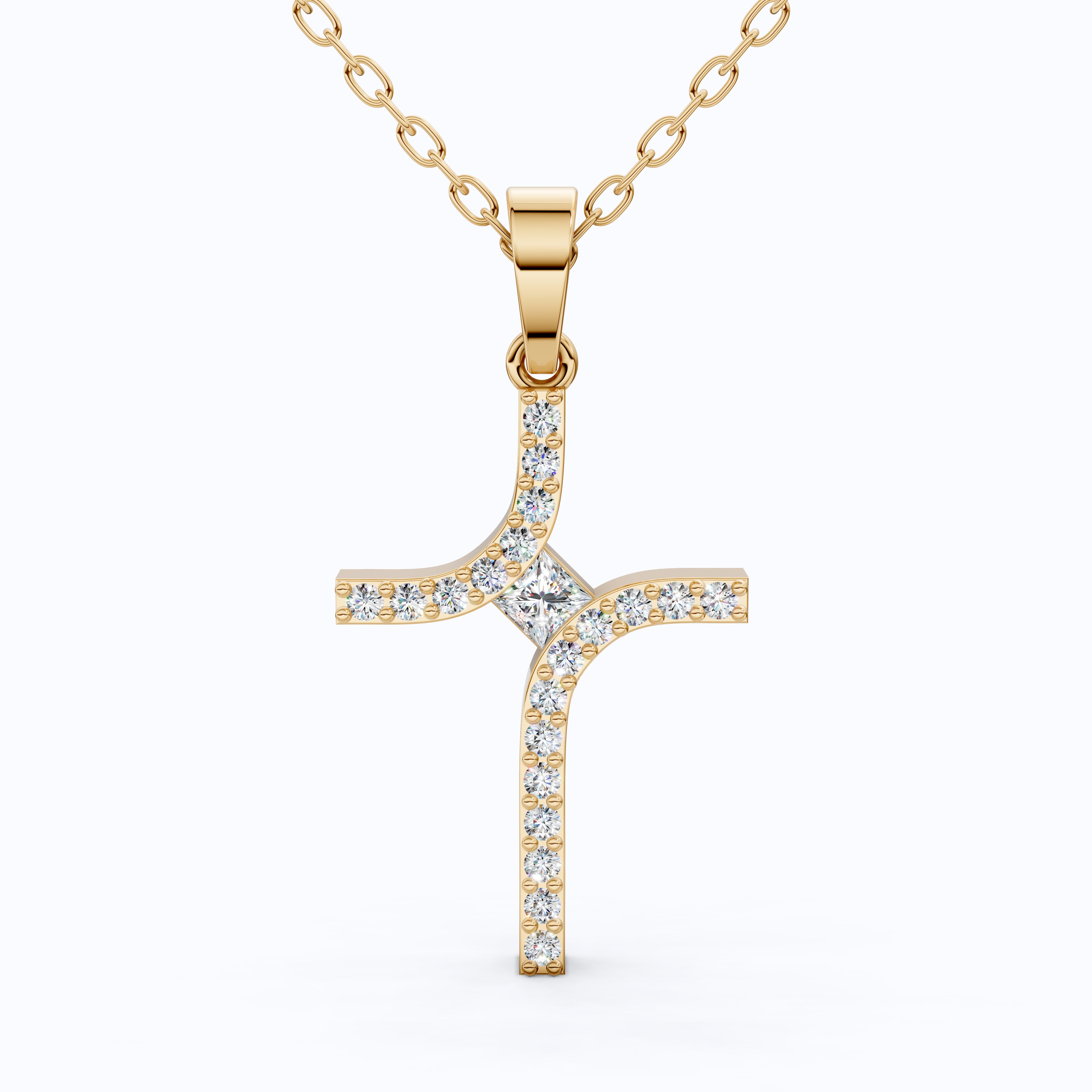 Artisan Angled Cross Pendant in 14K Solid Gold, 0.30 TCW Princess/Round Cut Lab Created Daimonds, Bridal Jewelry, Everyday Gift