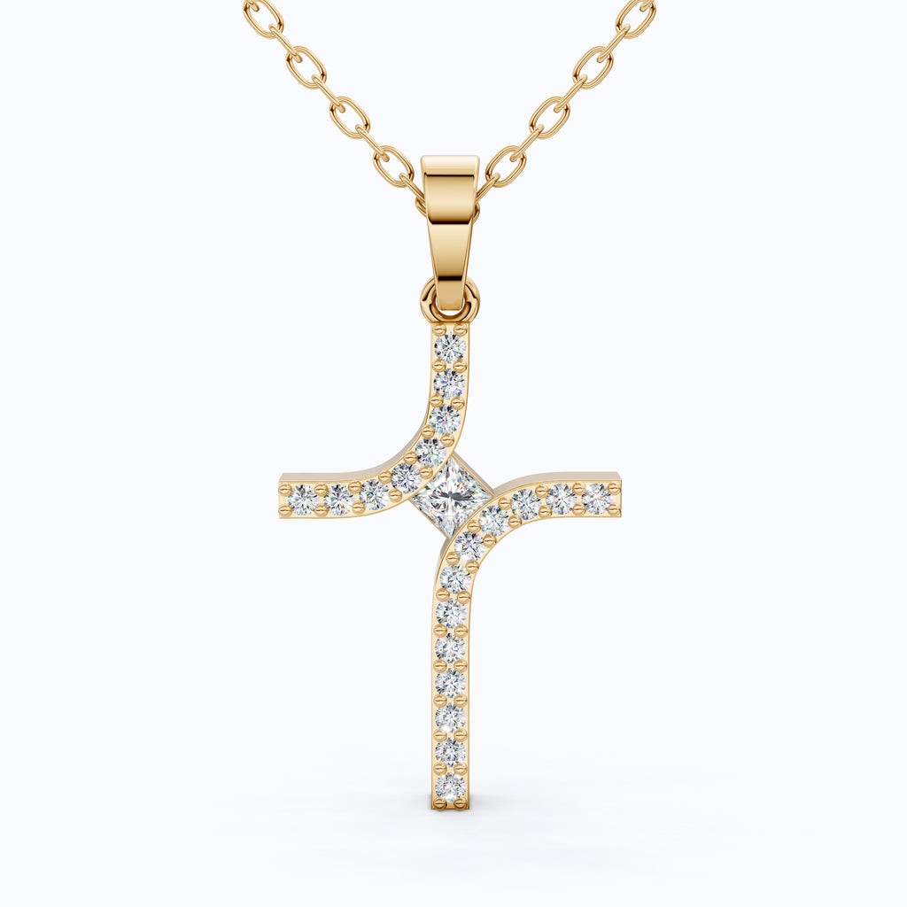 Artisan Angled Cross Pendant in 14K Solid Gold, 0.30 TCW Princess/Round Cut Lab Created Daimonds, Bridal Jewelry, Everyday Gift