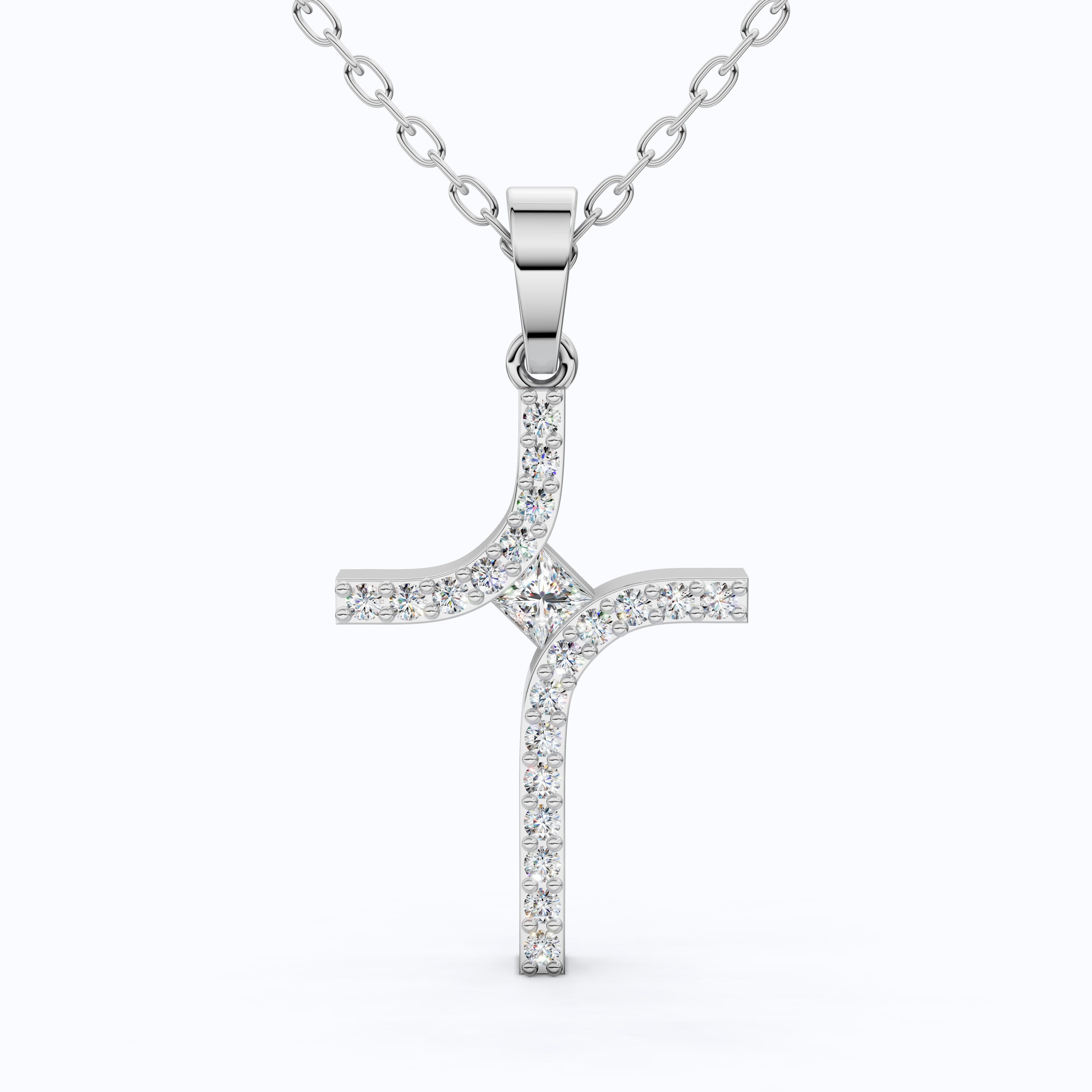 Artisan Angled Cross Pendant in 14K Solid Gold, 0.30 TCW Princess/Round Cut Lab Created Daimonds, Bridal Jewelry, Everyday Gift