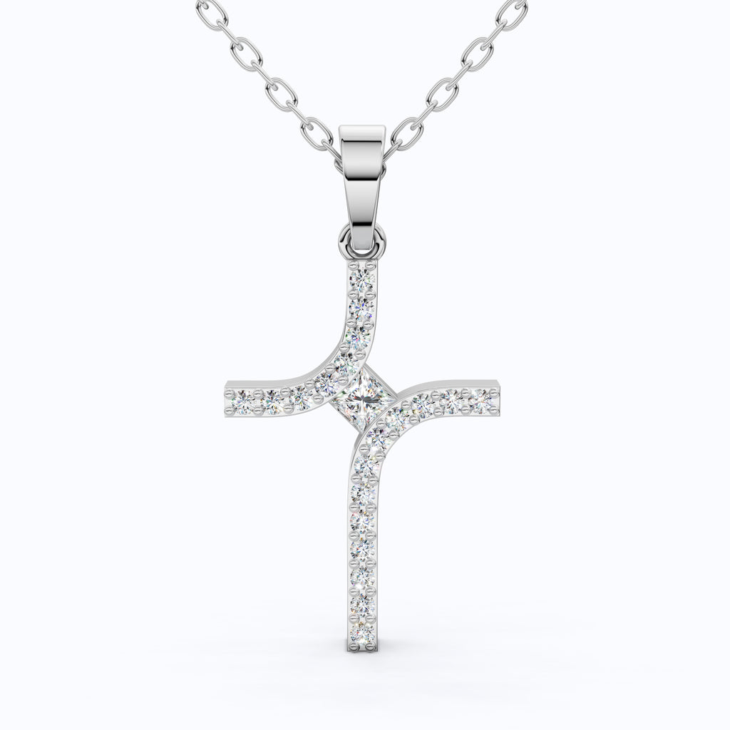 Artisan Angled Cross Pendant in 14K Solid Gold, 0.30 TCW Princess/Round Cut Lab Created Daimonds, Bridal Jewelry, Everyday Gift