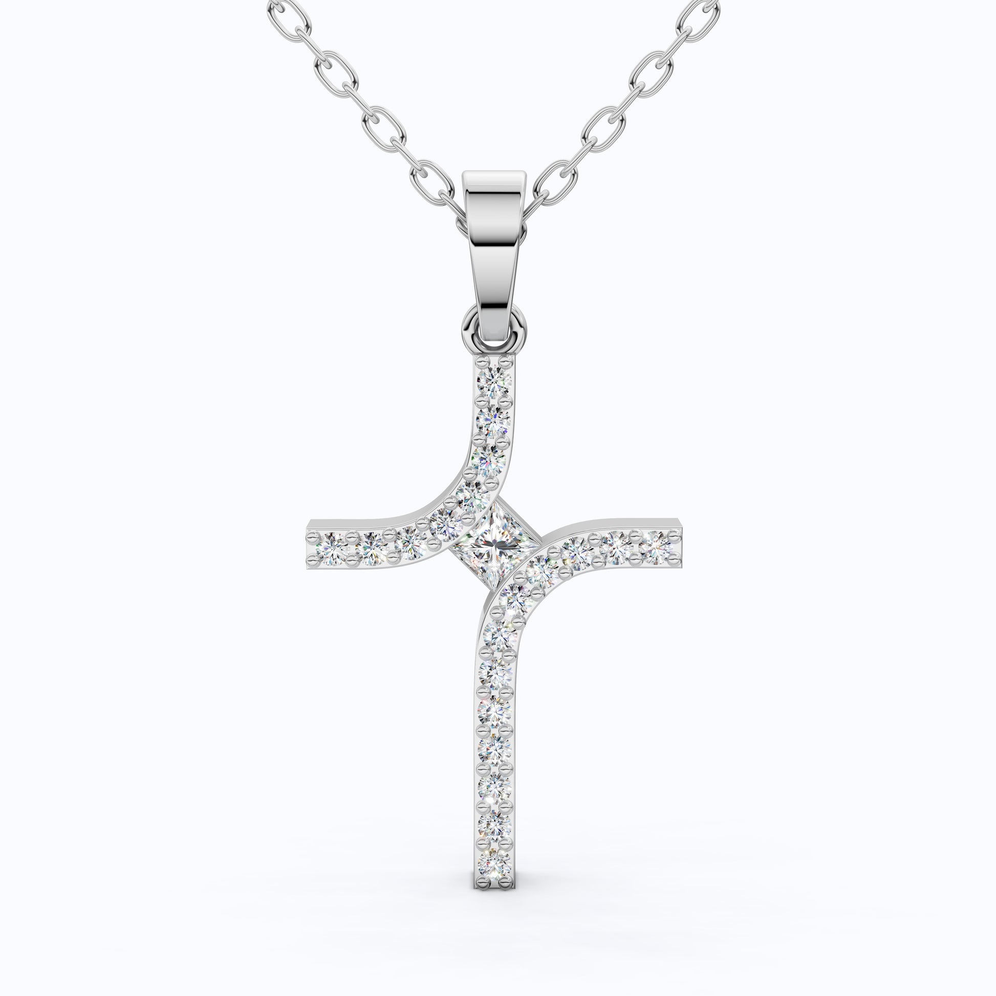 Artisan Angled Cross Pendant in 14K Solid Gold, 0.30 TCW Princess/Round Cut Lab Created Daimonds, Bridal Jewelry, Everyday Gift