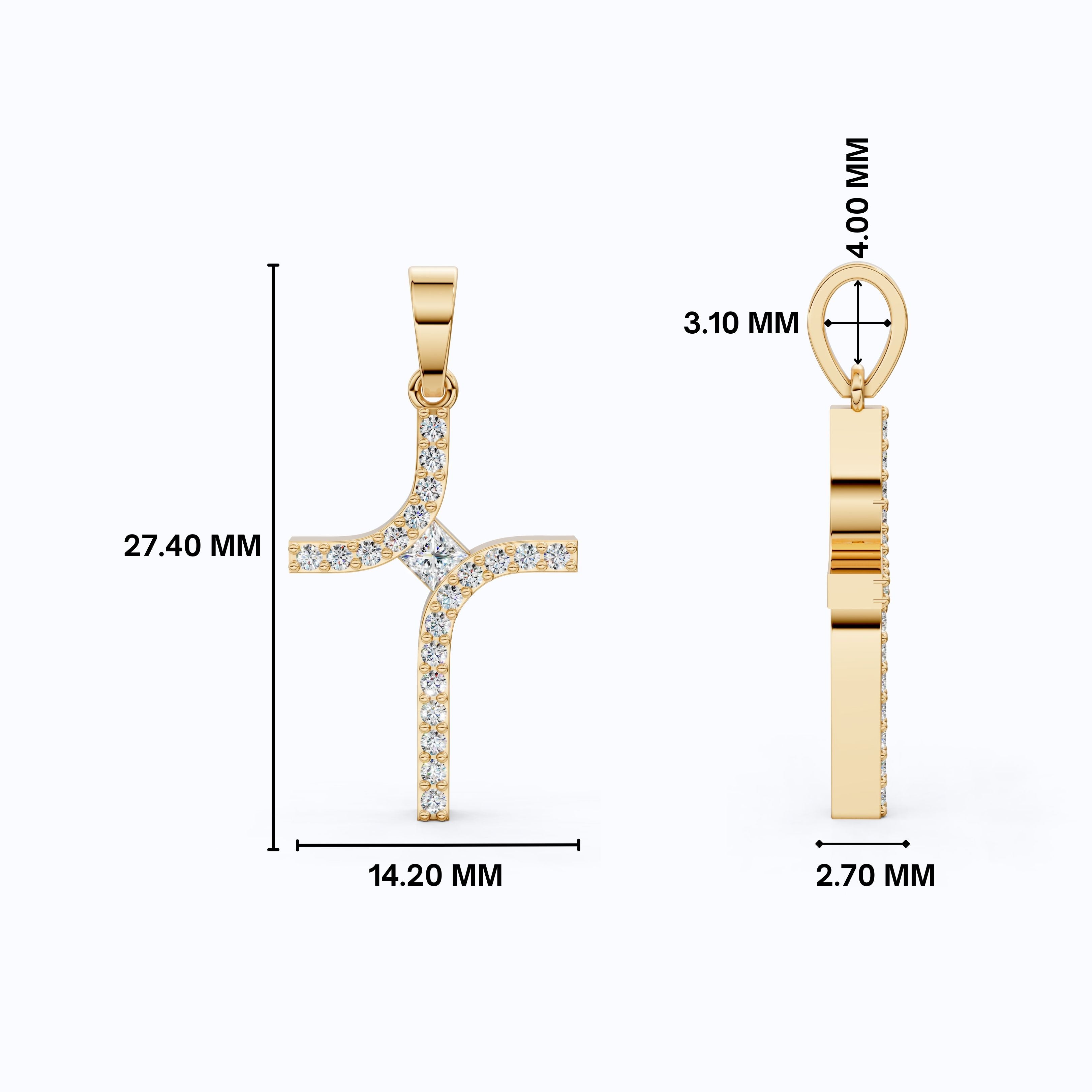 Artisan Angled Cross Pendant in 14K Solid Gold, 0.30 TCW Princess/Round Cut Lab Created Daimonds, Bridal Jewelry, Everyday Gift