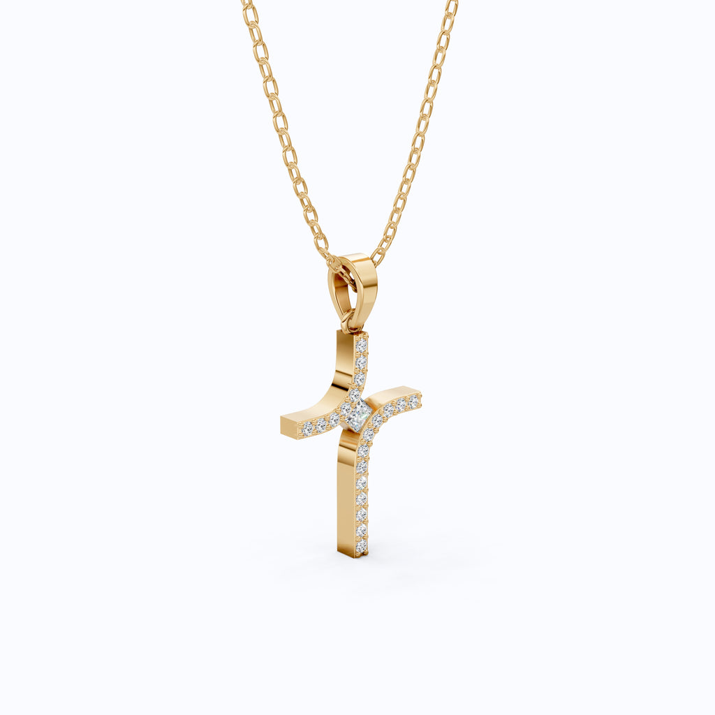 Artisan Angled Cross Pendant in 14K Solid Gold, 0.30 TCW Princess/Round Cut Lab Created Daimonds, Bridal Jewelry, Everyday Gift