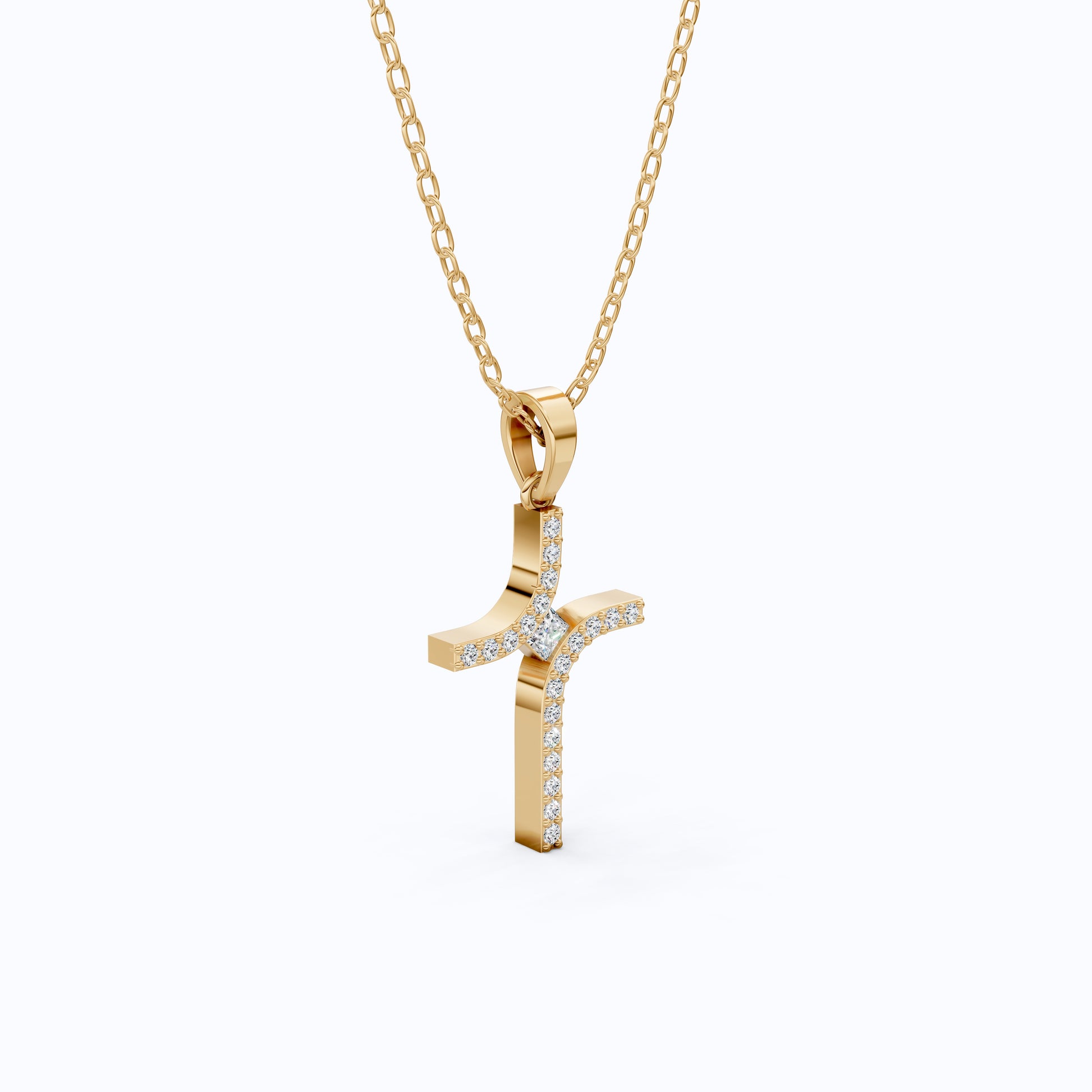 Artisan Angled Cross Pendant in 14K Solid Gold, 0.30 TCW Princess/Round Cut Lab Created Daimonds, Bridal Jewelry, Everyday Gift