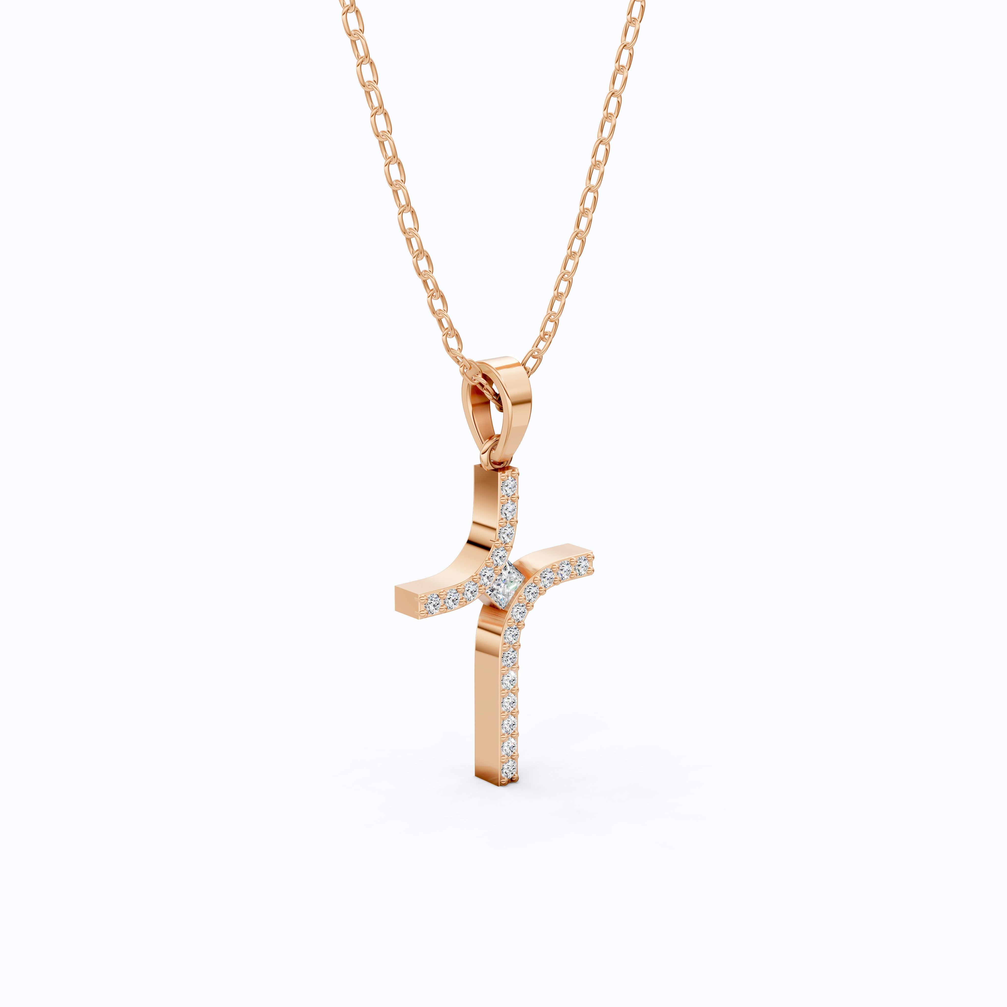 Artisan Angled Cross Pendant in 14K Solid Gold, 0.30 TCW Princess/Round Cut Lab Created Daimonds, Bridal Jewelry, Everyday Gift