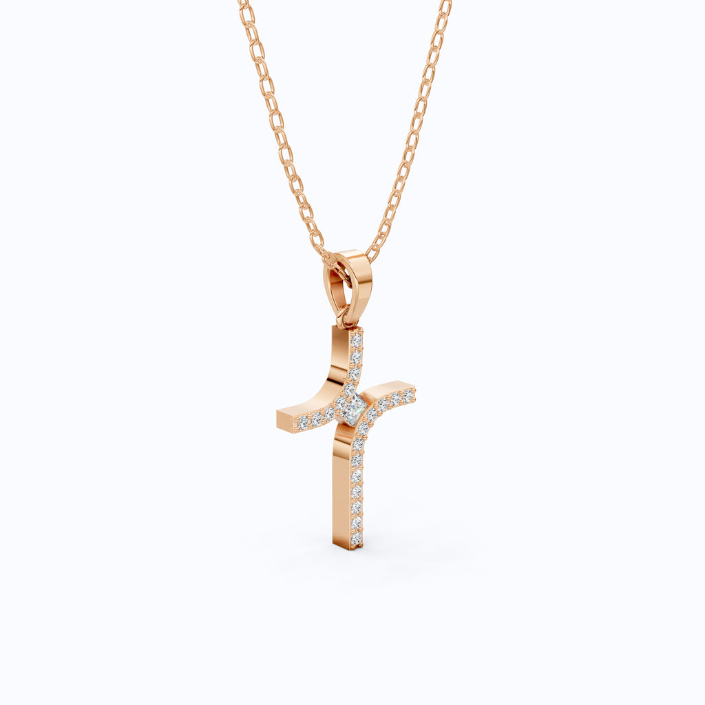 Artisan Angled Cross Pendant in 14K Solid Gold, 0.30 TCW Princess/Round Cut Lab Created Daimonds, Bridal Jewelry, Everyday Gift