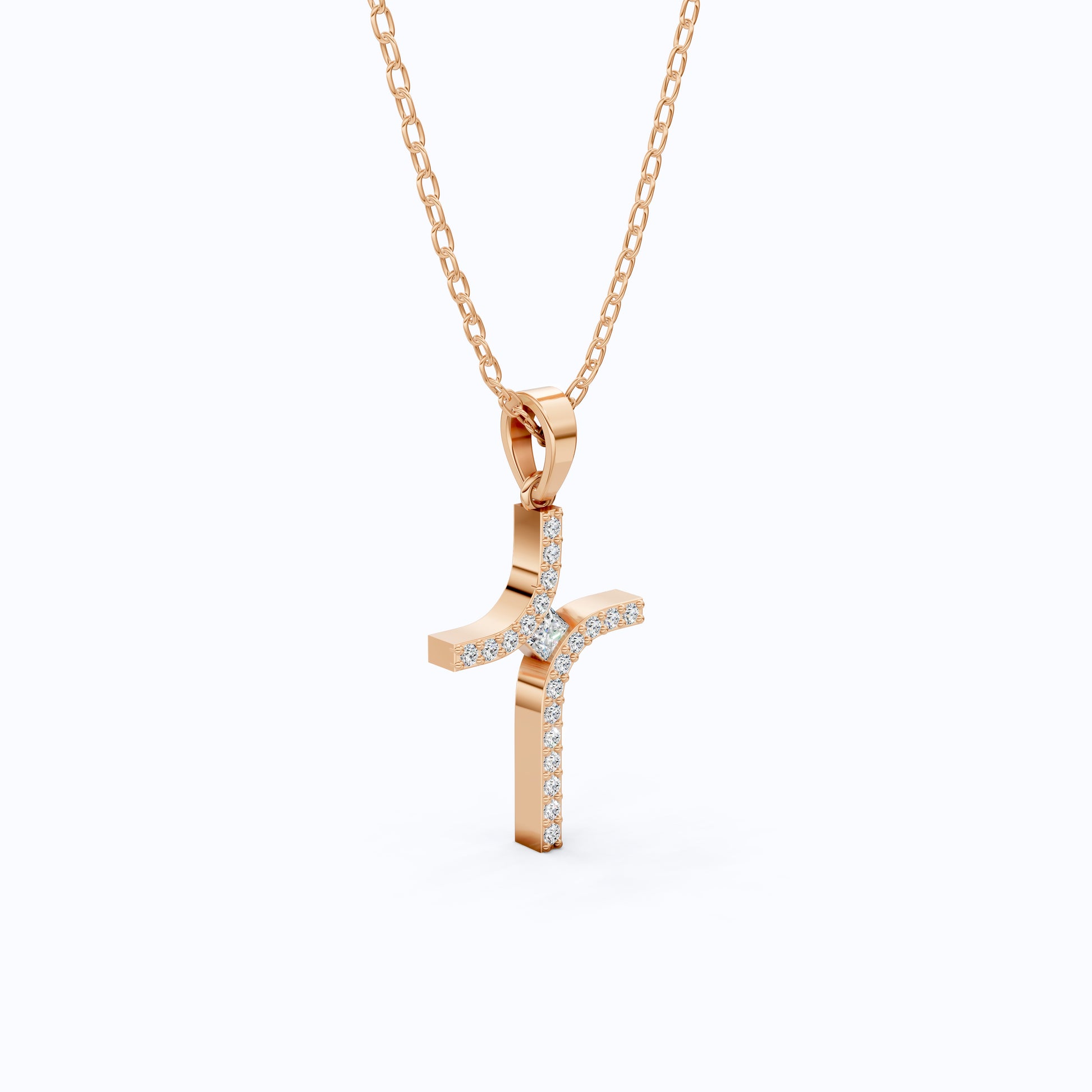 Artisan Angled Cross Pendant in 14K Solid Gold, 0.30 TCW Princess/Round Cut Lab Created Daimonds, Bridal Jewelry, Everyday Gift