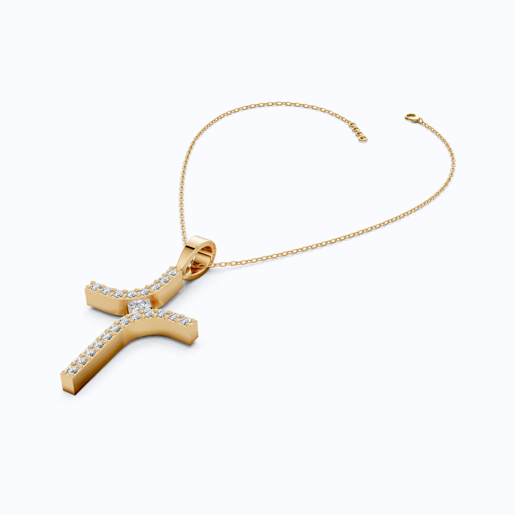 Artisan Angled Cross Pendant in 14K Solid Gold, 0.30 TCW Princess/Round Cut Lab Created Daimonds, Bridal Jewelry, Everyday Gift