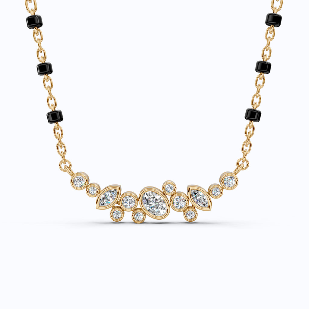 Cluster Marquise & Oval Diamond Tanmaniya Mangalsutra in 14k Solid Gold, Bridal Jewelry Gift For Wife, Multi-Shaped Diamond Cluster Pendant Necklace
