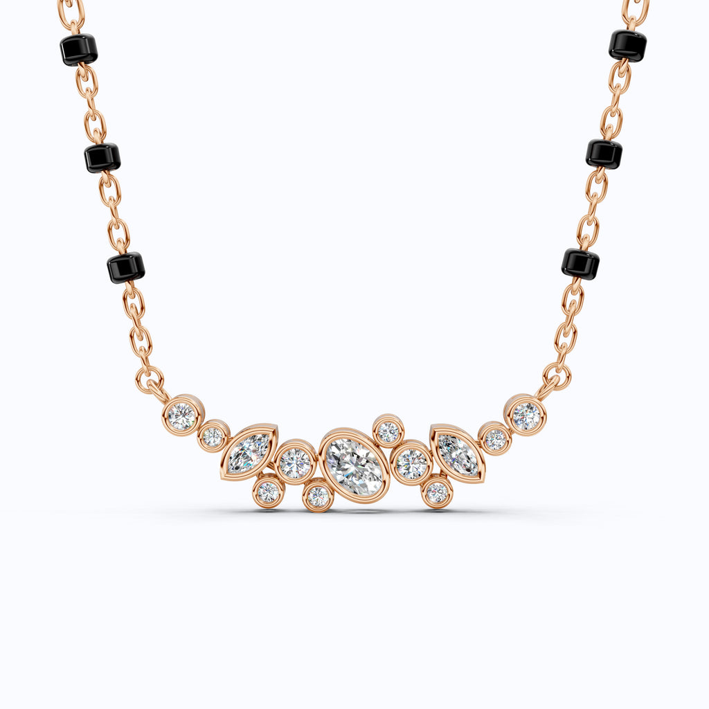 Cluster Marquise & Oval Diamond Tanmaniya Mangalsutra in 14k Solid Gold, Bridal Jewelry Gift For Wife, Multi-Shaped Diamond Cluster Pendant Necklace