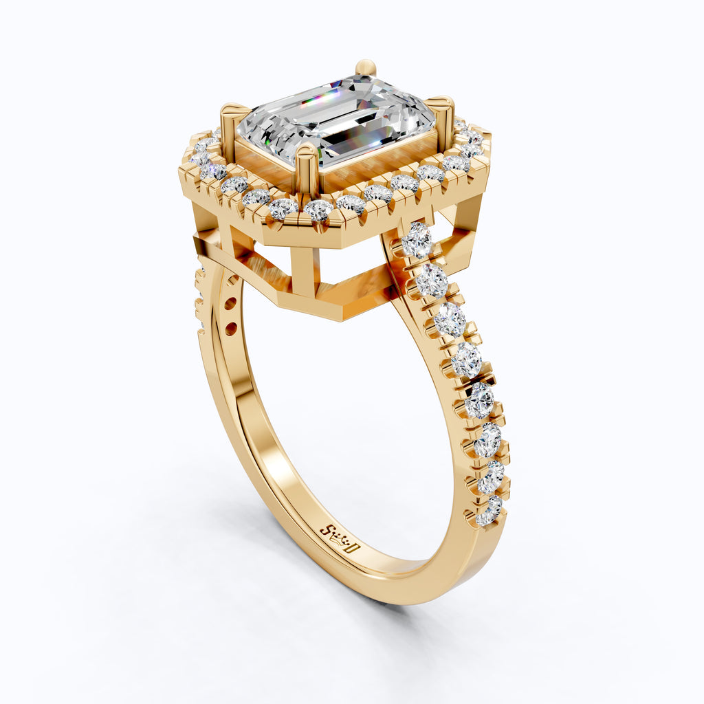 Unique Statement Halo Engagement Ring in 14K Solid Gold, 1.00 CT Emerald Cut Lab Created Diamond, Anniversary Gift For Wife, Handmade Jewelry