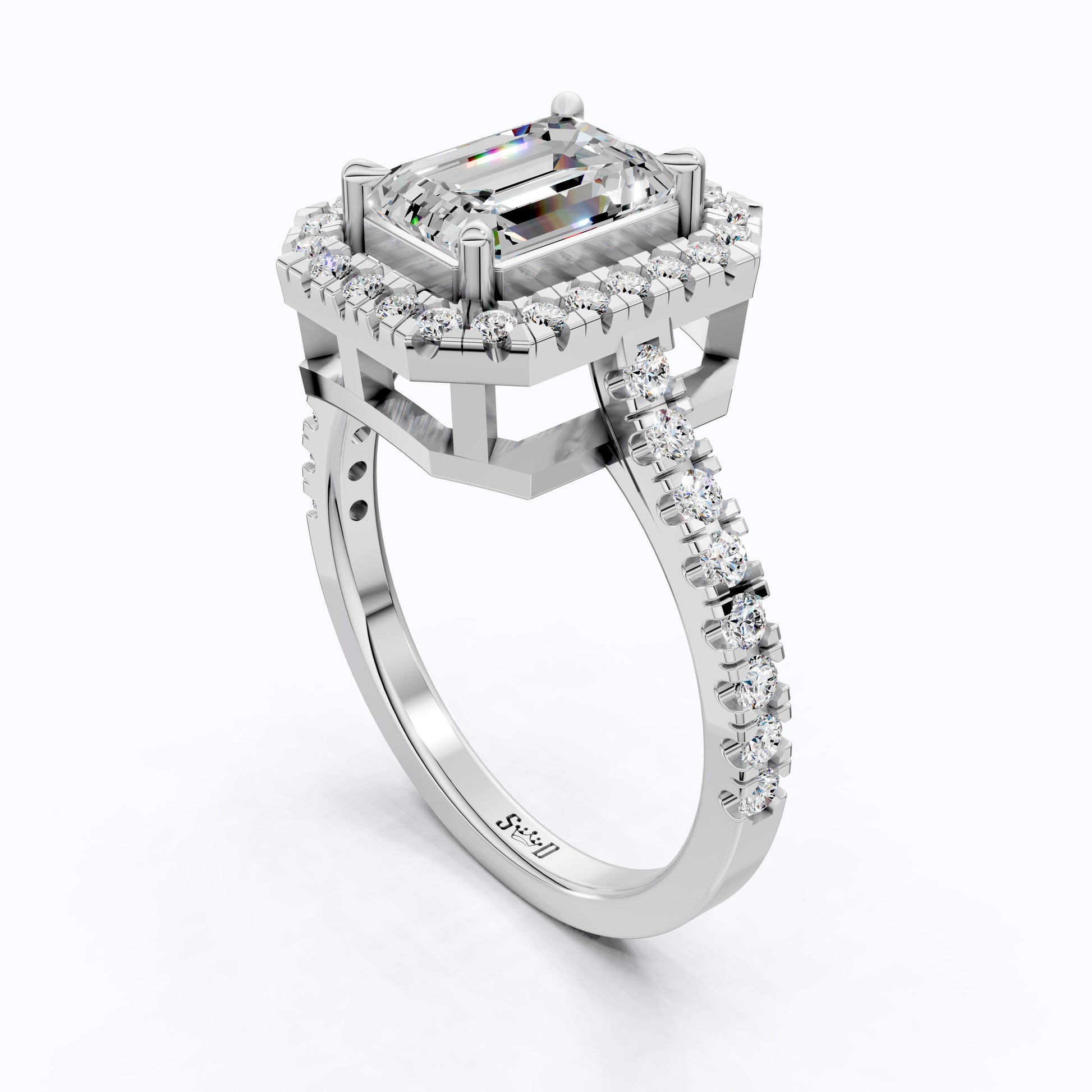 Unique Statement Halo Engagement Ring in 14K Solid Gold, 1.00 CT Emerald Cut Lab Created Diamond, Anniversary Gift For Wife, Handmade Jewelry