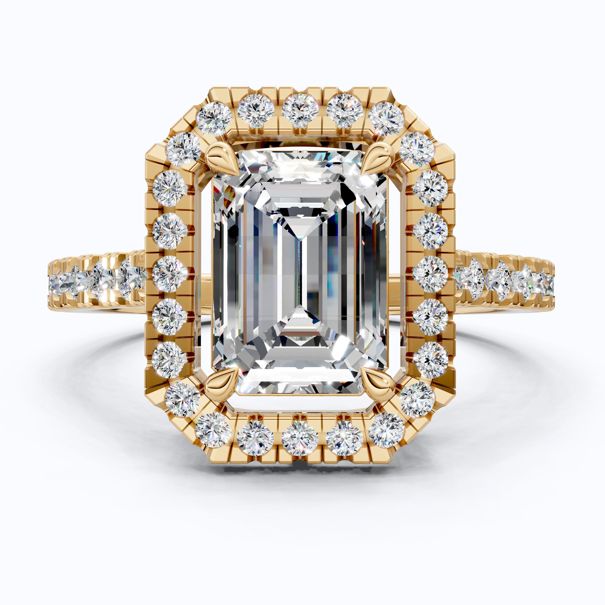 Unique Statement Halo Engagement Ring in 14K Solid Gold, 1.00 CT Emerald Cut Lab Created Diamond, Anniversary Gift For Wife, Handmade Jewelry