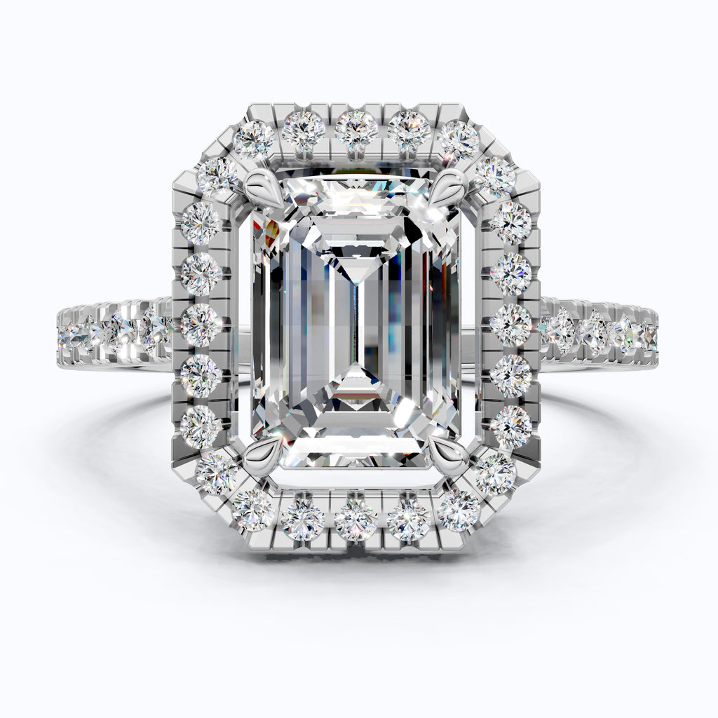 Unique Statement Halo Engagement Ring in 14K Solid Gold, 1.00 CT Emerald Cut Lab Created Diamond, Anniversary Gift For Wife, Handmade Jewelry