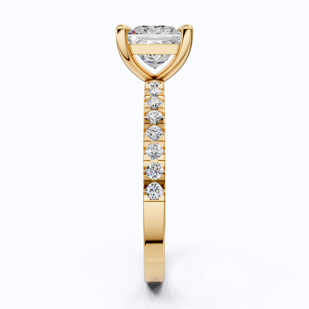 1.00 CT Princess Cut Pavé Band Solitaire Engagement Ring in Lab Grown Diamond - 14K Solid Gold, Bridal Gift for Her, Everyday Fine Jewelry