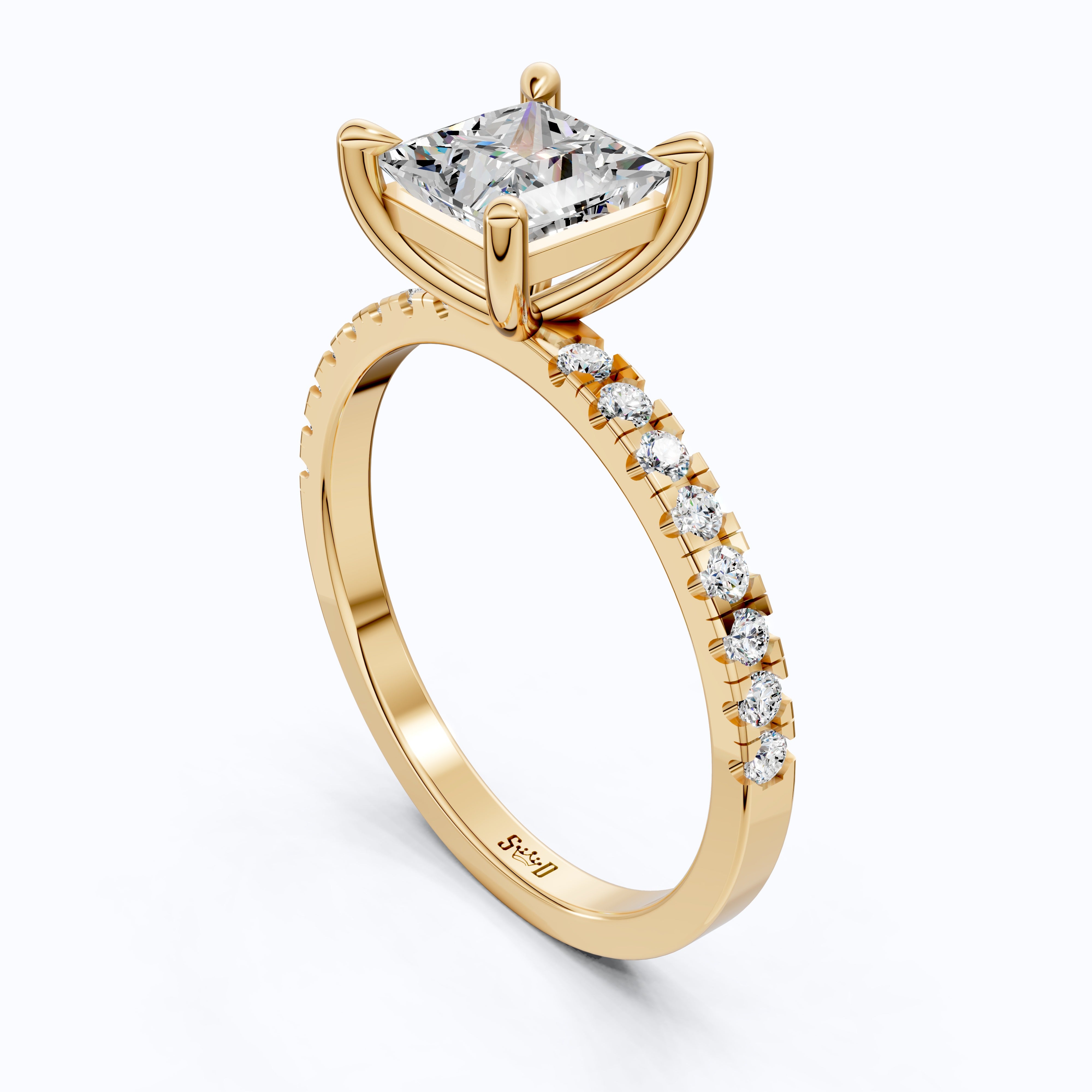 1.00 CT Princess Cut Pavé Band Solitaire Engagement Ring in Lab Grown Diamond - 14K Solid Gold, Bridal Gift for Her, Everyday Fine Jewelry