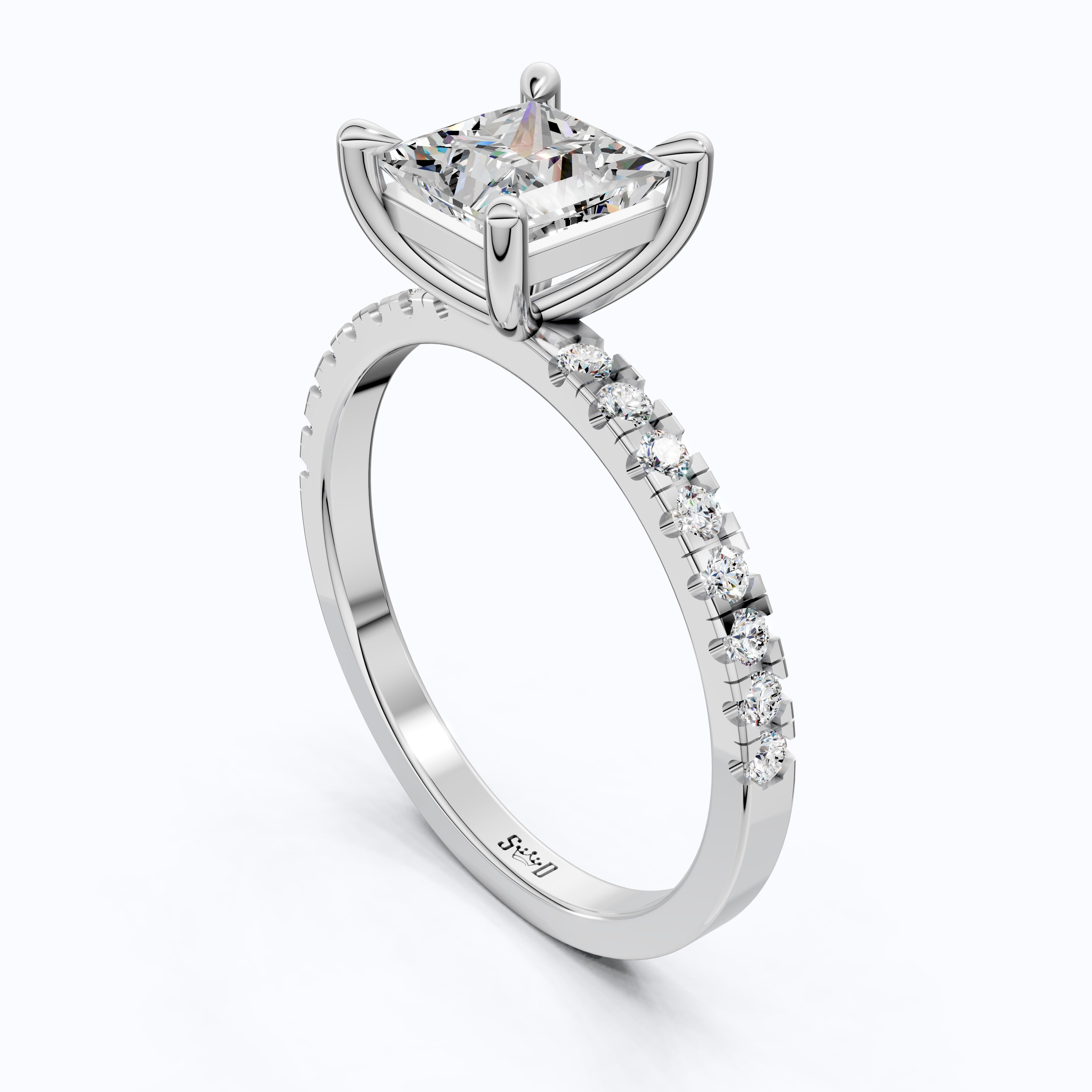 1.00 CT Princess Cut Pavé Band Solitaire Engagement Ring in Lab Grown Diamond - 14K Solid Gold, Bridal Gift for Her, Everyday Fine Jewelry