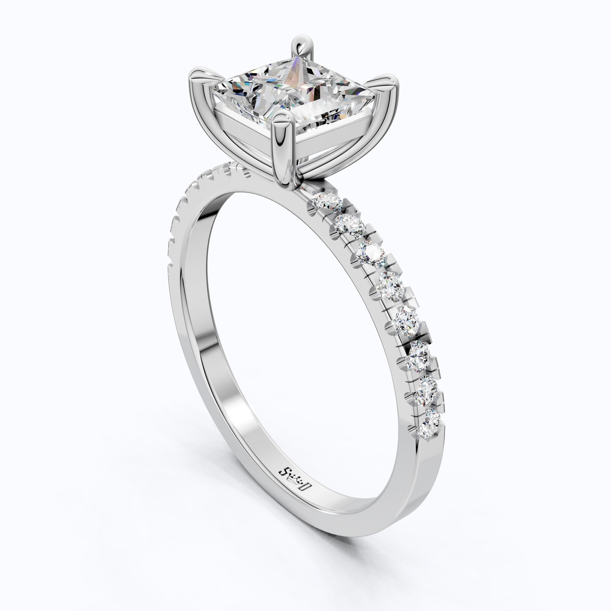 1.00 CT Princess Cut Pavé Band Solitaire Engagement Ring in Lab Grown Diamond - 14K Solid Gold, Bridal Gift for Her, Everyday Fine Jewelry