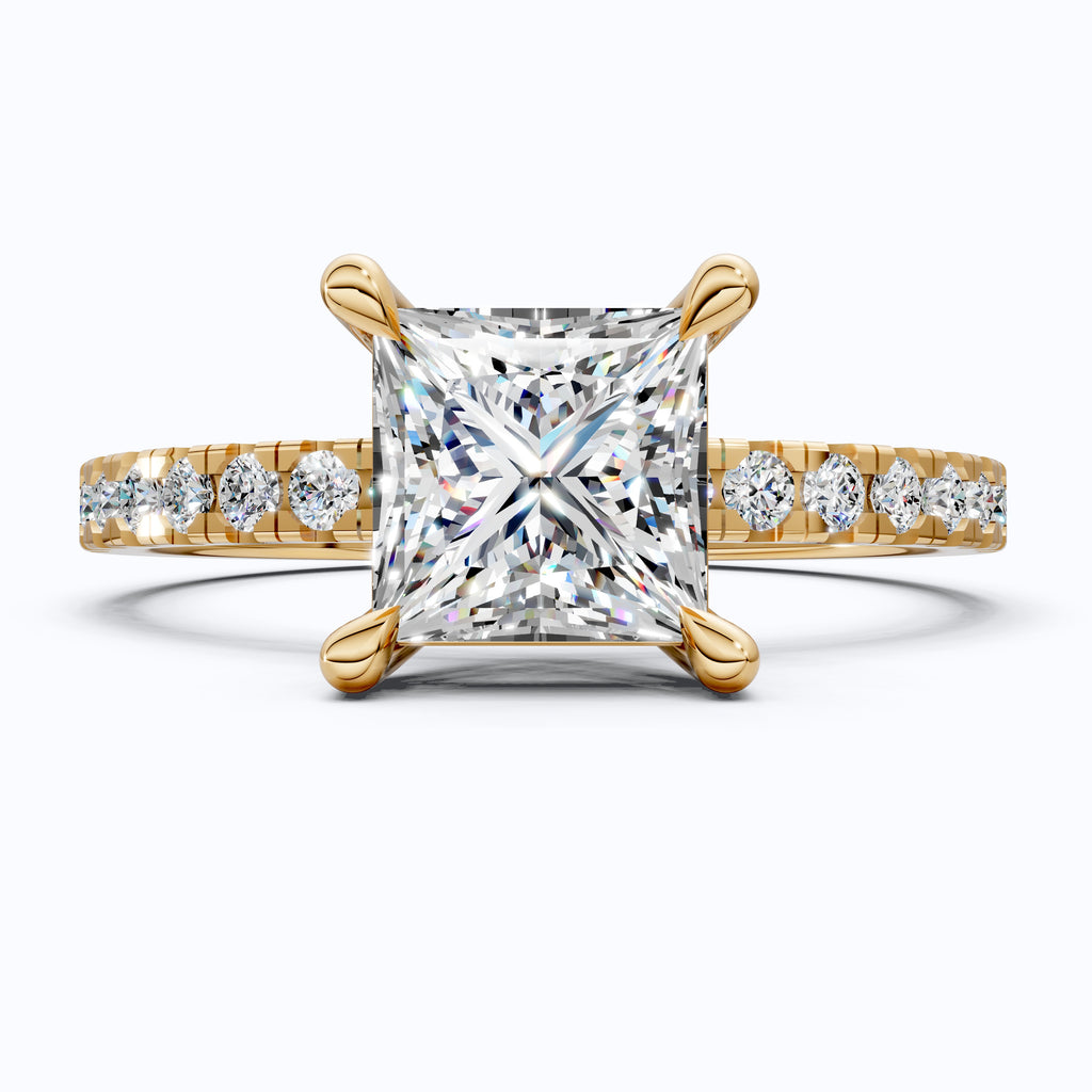 1.00 CT Princess Cut Pavé Band Solitaire Engagement Ring in Lab Grown Diamond - 14K Solid Gold, Bridal Gift for Her, Everyday Fine Jewelry