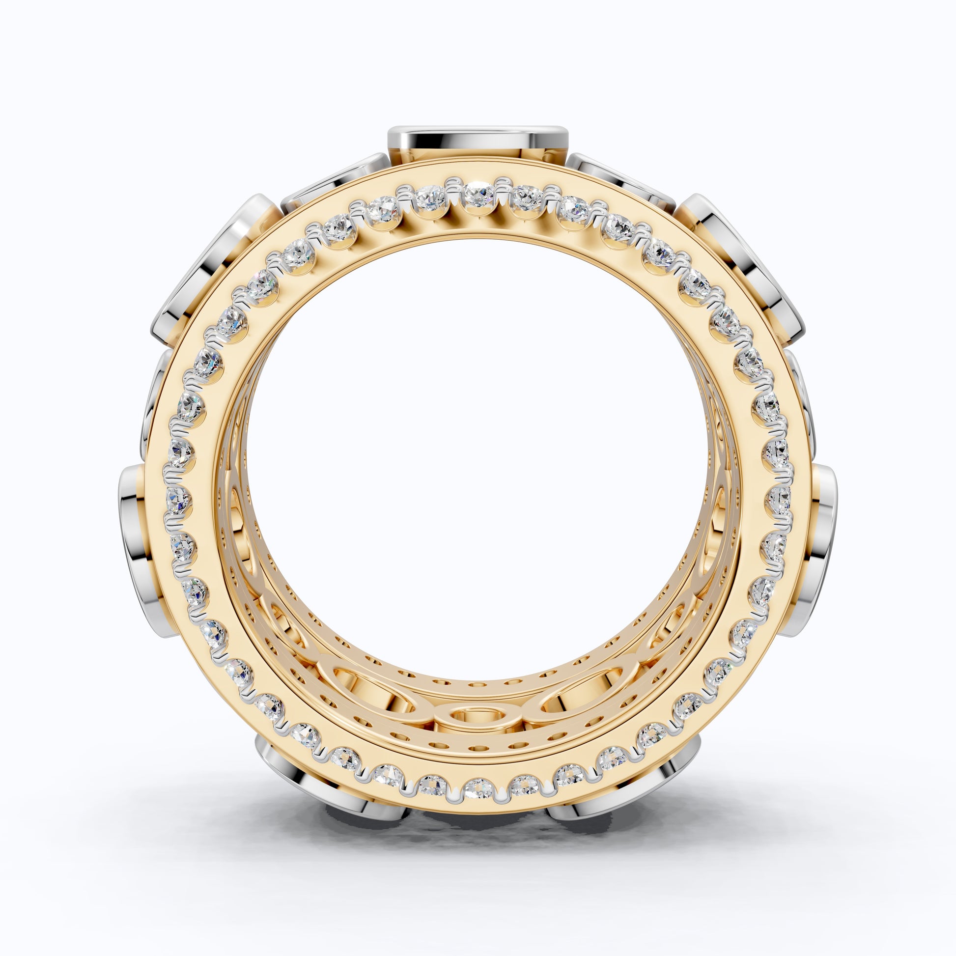 Unique Patterned Wide Eternity Wedding Band in 14K Solid Gold, 5.12 TCW Round Cut Lab Created Diamonds, Anniversary Ring, Everyday Band