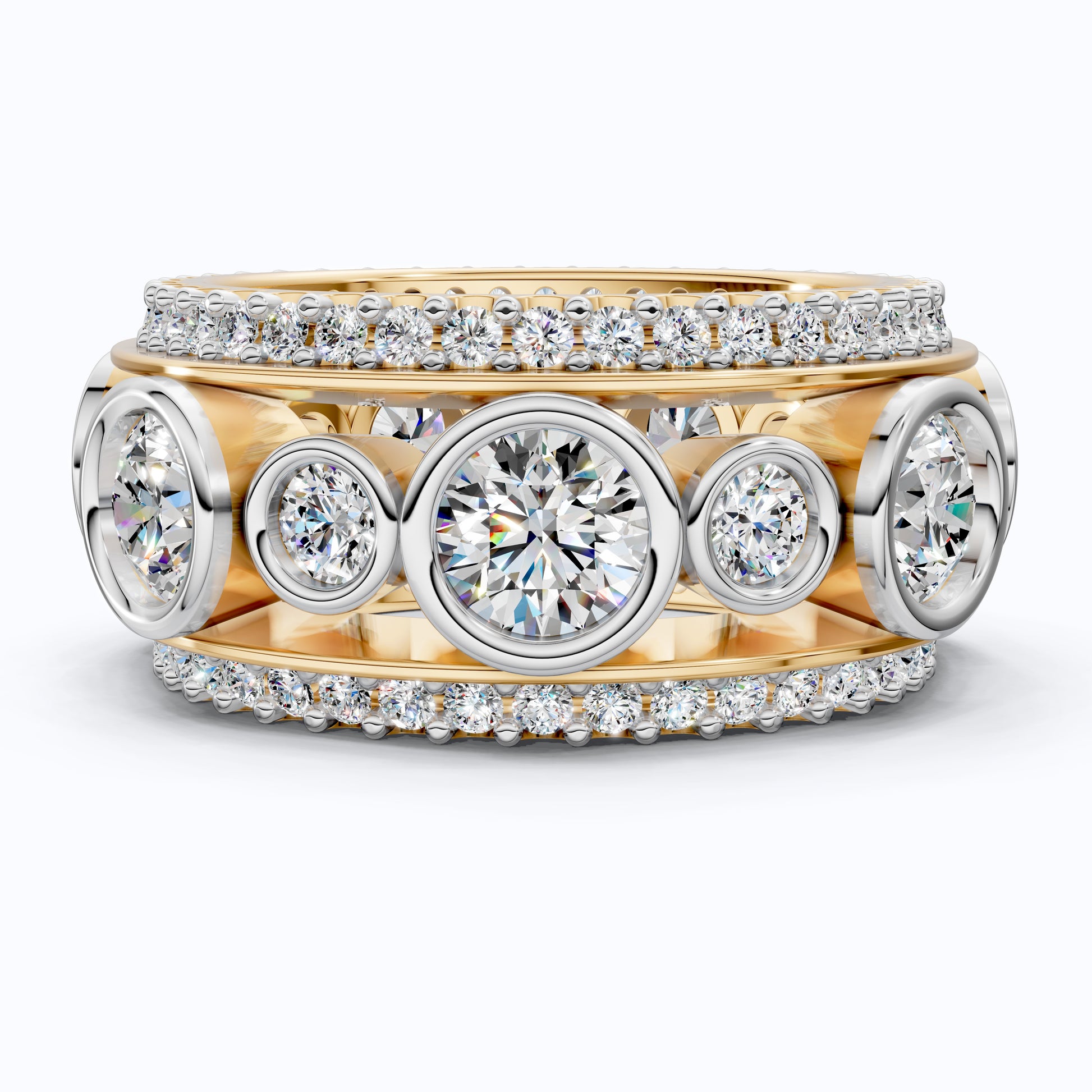 Unique Patterned Wide Eternity Wedding Band in 14K Solid Gold, 5.12 TCW Round Cut Lab Created Diamonds, Anniversary Ring, Everyday Band