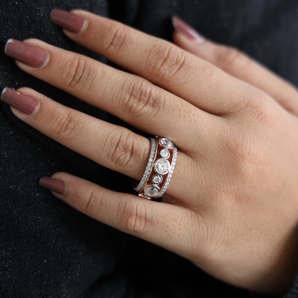 Unique Patterned Wide Eternity Wedding Band in 14K Solid Gold, 5.12 TCW Round Cut Lab Created Diamonds, Anniversary Ring, Everyday Band