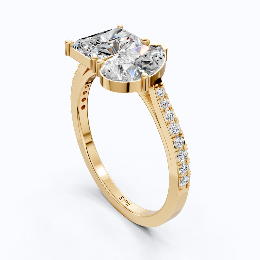 2.30 TCW Radiant/Pear Cut Open Toi et Moi Pave Engagement Ring in Lab Grown Diamond - 14K Solid Gold, Handmade Bridal Jewelry, Everyday Ring