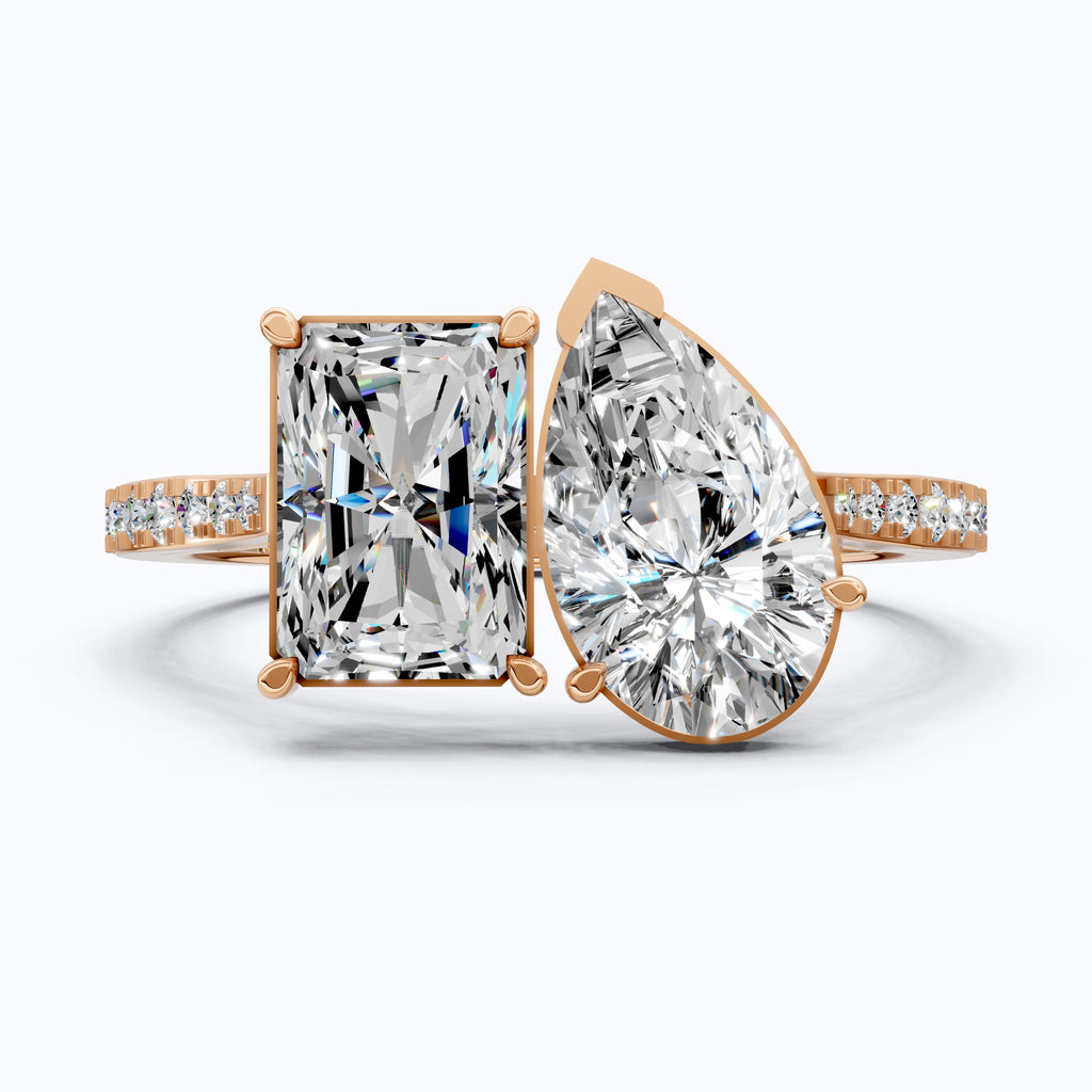 2.30 TCW Radiant/Pear Cut Open Toi et Moi Pave Engagement Ring in Lab Grown Diamond - 14K Solid Gold, Handmade Bridal Jewelry, Everyday Ring