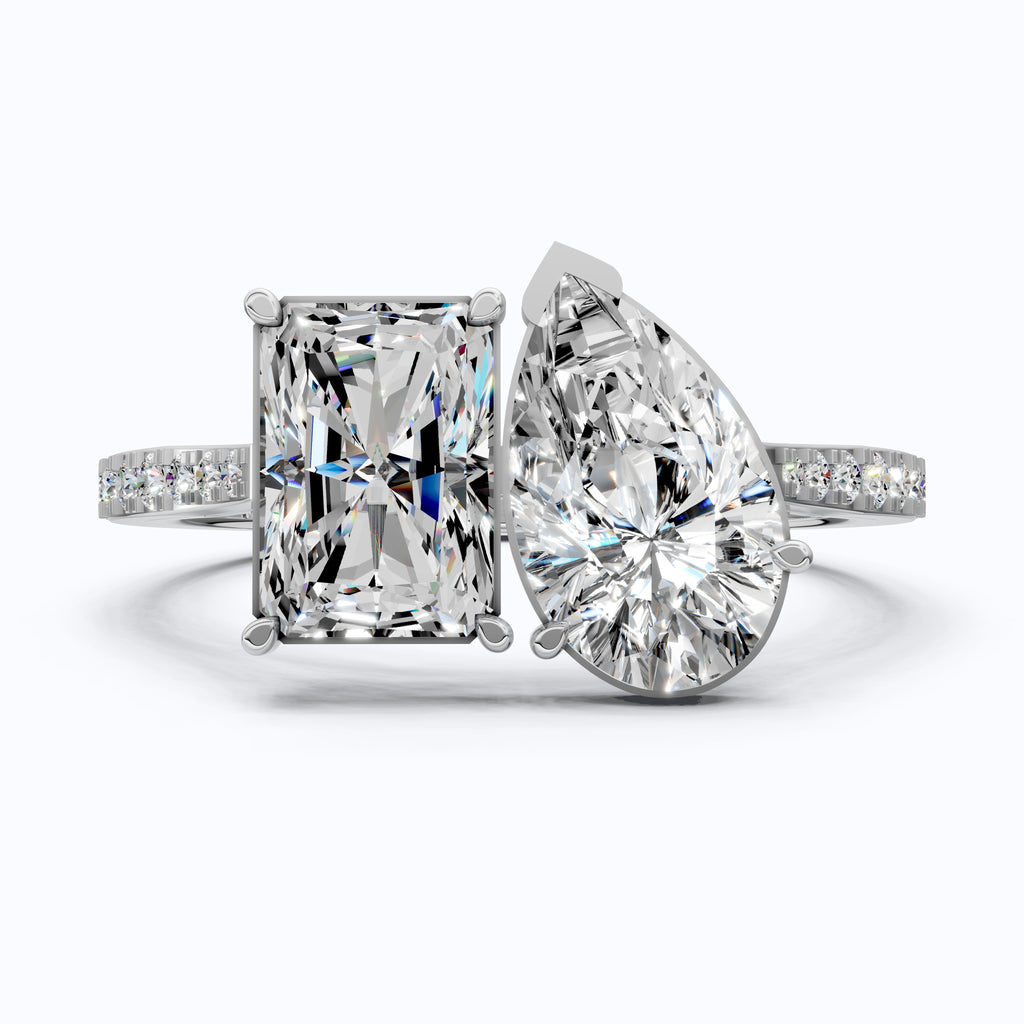2.30 TCW Radiant/Pear Cut Open Toi et Moi Pave Engagement Ring in Lab Grown Diamond - 14K Solid Gold, Handmade Bridal Jewelry, Everyday Ring