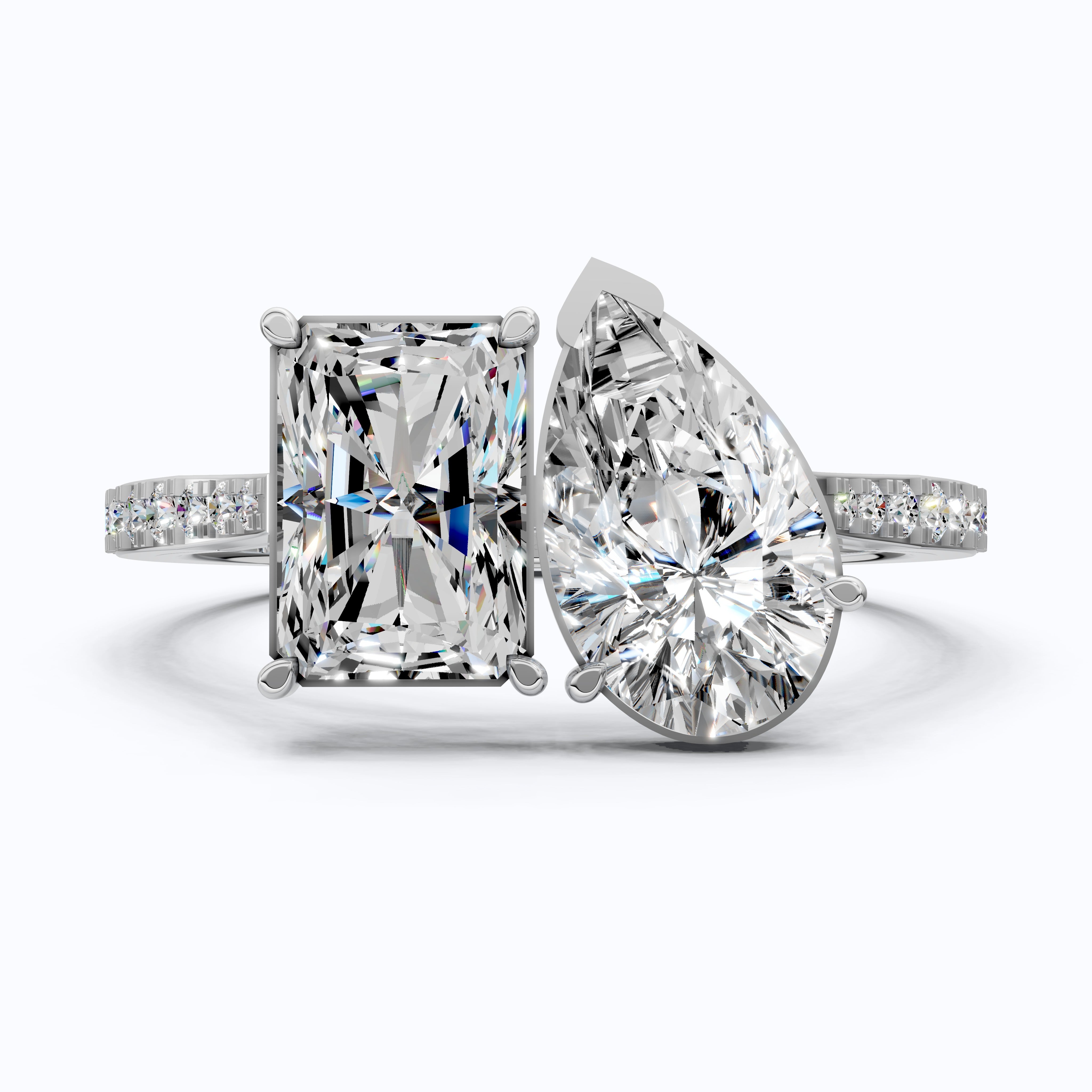 2.30 TCW Radiant/Pear Cut Open Toi et Moi Pave Engagement Ring in Lab Grown Diamond - 14K Solid Gold, Handmade Bridal Jewelry, Everyday Ring