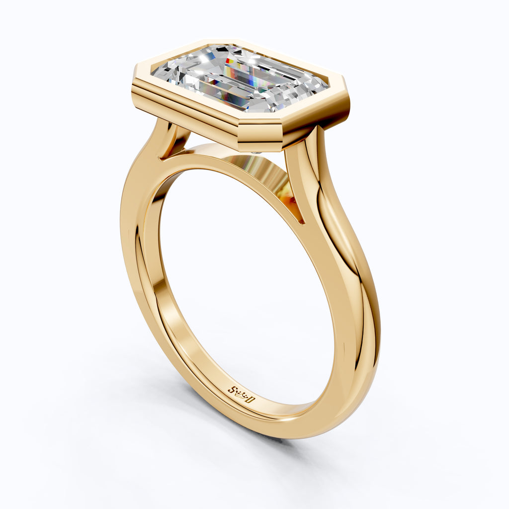 Horizontal Emerald Cut Bezel Promise Ring in Moissanite or Lab Grown Diamond – 14k Solid Gold or Silver Engagement Ring Gift for Her